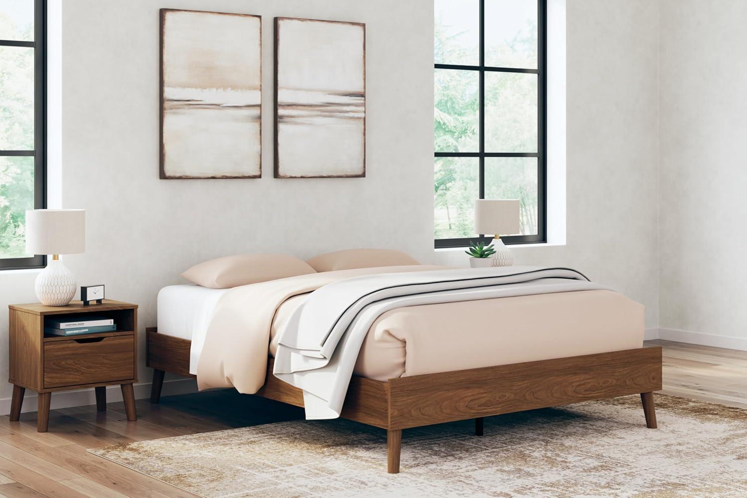 imageSignature Design by Ashley Cabinella Vintage Queen Platform Bed with Metal Slats and Center Support Legs Wood Foundation or Box Spring Not Needed Light BrownBrown