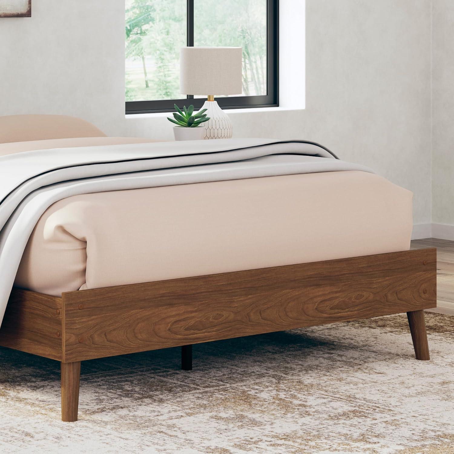imageSignature Design by Ashley Cabinella Vintage Queen Platform Bed with Metal Slats and Center Support Legs Wood Foundation or Box Spring Not Needed Light BrownBrown