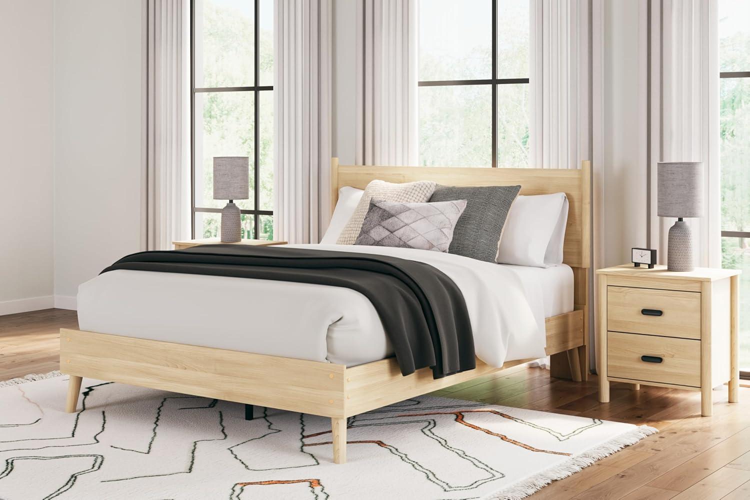 imageSignature Design by Ashley Cabinella Vintage Queen Platform Bed with Metal Slats and Center Support Legs Wood Foundation or Box Spring Not Needed Light BrownLight Brown