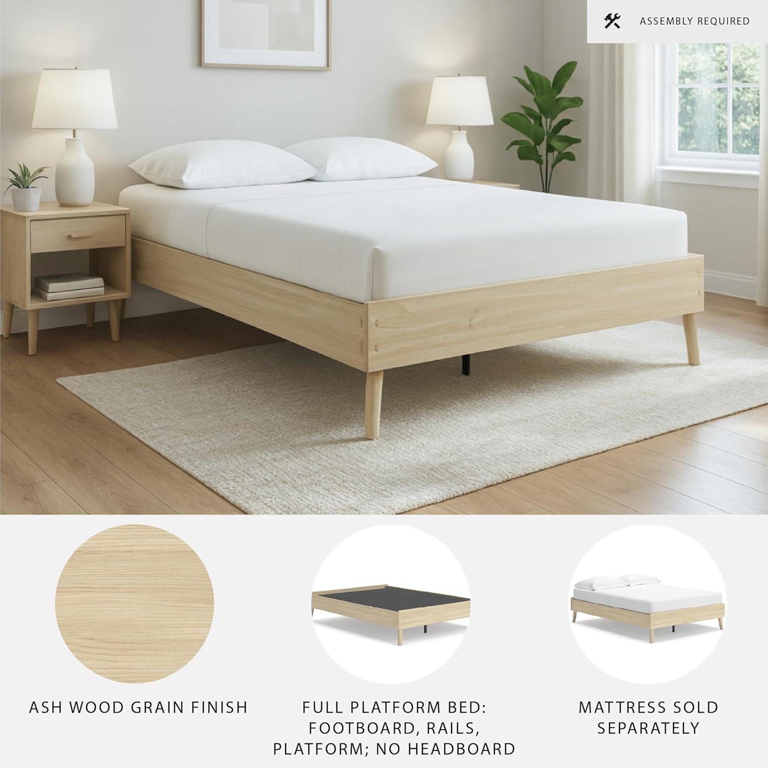 imageSignature Design by Ashley Cabinella Vintage Queen Platform Bed with Metal Slats and Center Support Legs Wood Foundation or Box Spring Not Needed Light BrownLight Brown