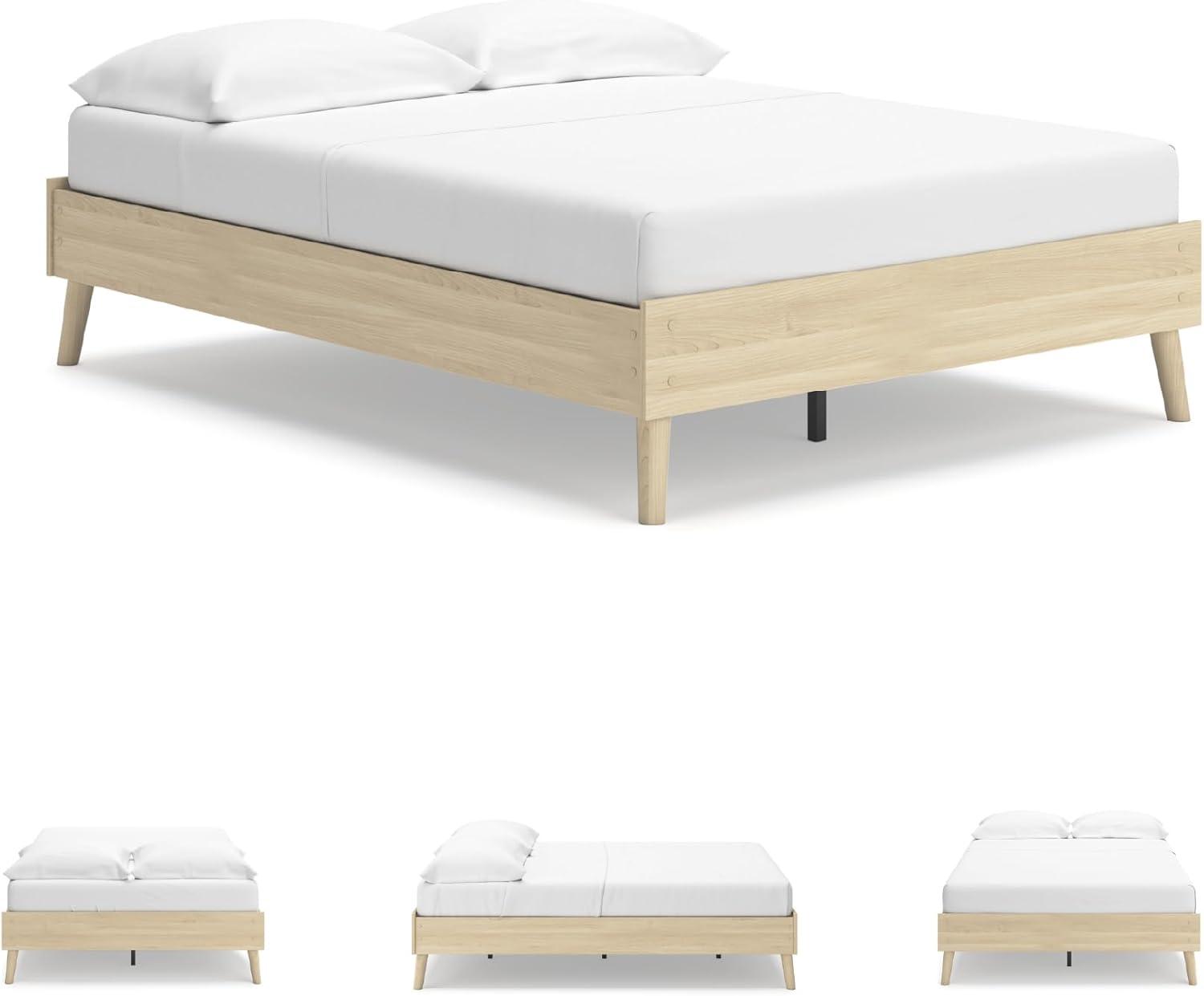 imageSignature Design by Ashley Cabinella Vintage Queen Platform Bed with Metal Slats and Center Support Legs Wood Foundation or Box Spring Not Needed Light BrownLight Brown