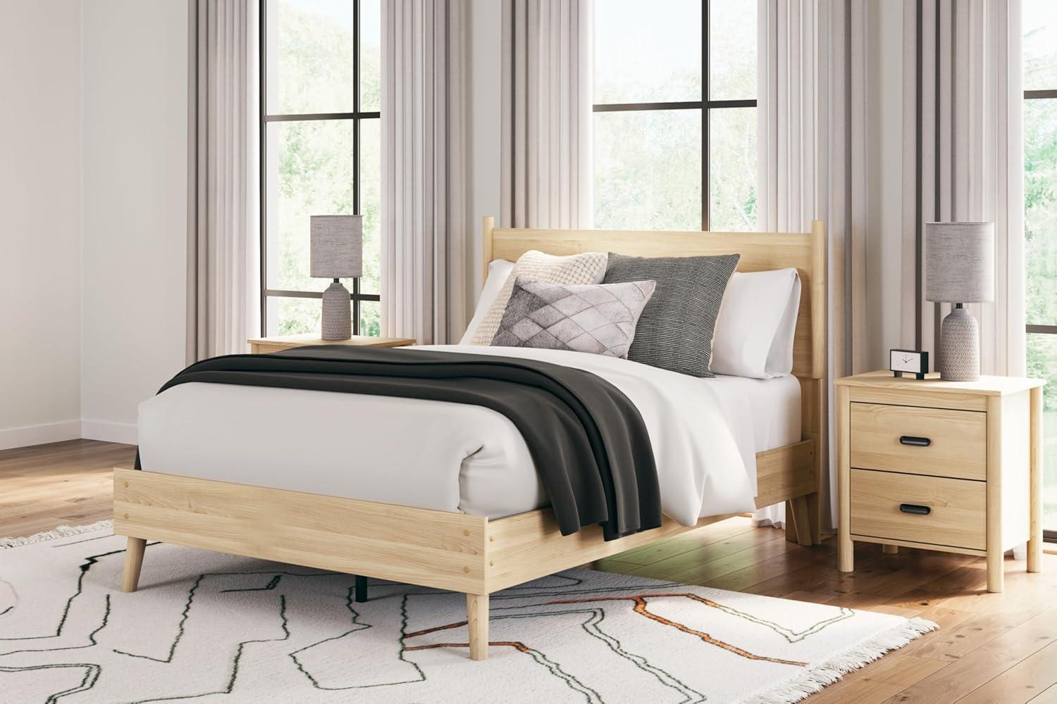 imageSignature Design by Ashley Cabinella Vintage Queen Platform Bed with Metal Slats and Center Support Legs Wood Foundation or Box Spring Not Needed Light BrownLight Brown