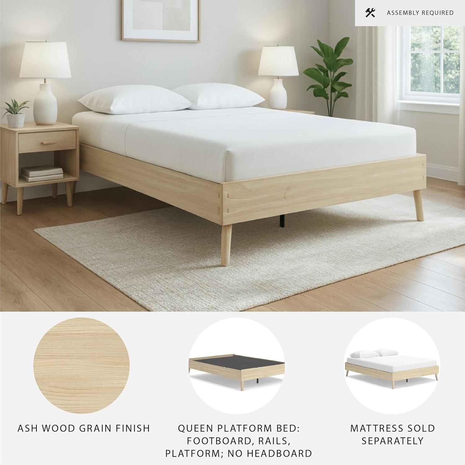 imageSignature Design by Ashley Cabinella Vintage Queen Platform Bed with Metal Slats and Center Support Legs Wood Foundation or Box Spring Not Needed Light BrownLight Brown