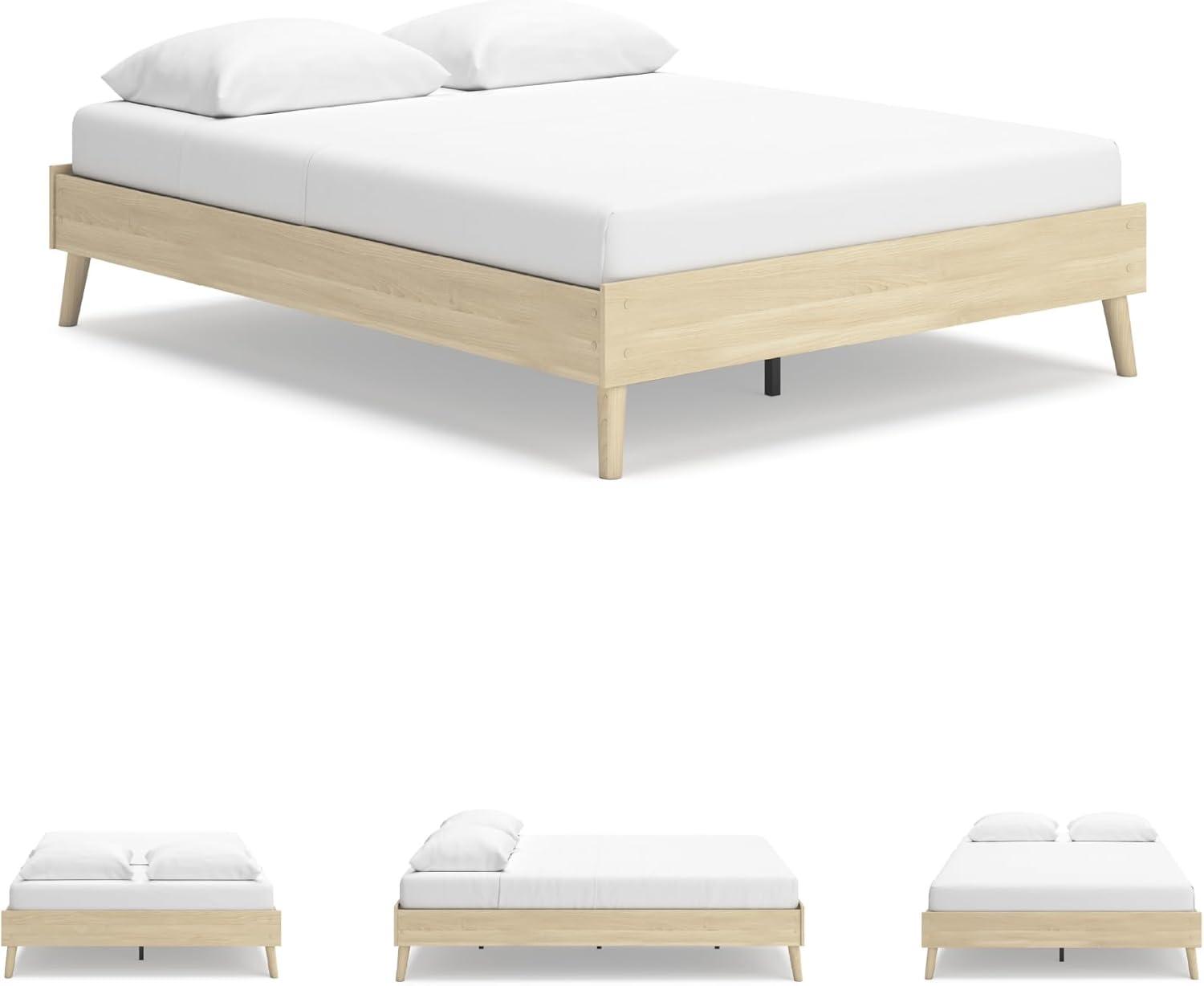 imageSignature Design by Ashley Cabinella Vintage Queen Platform Bed with Metal Slats and Center Support Legs Wood Foundation or Box Spring Not Needed Light BrownLight Brown
