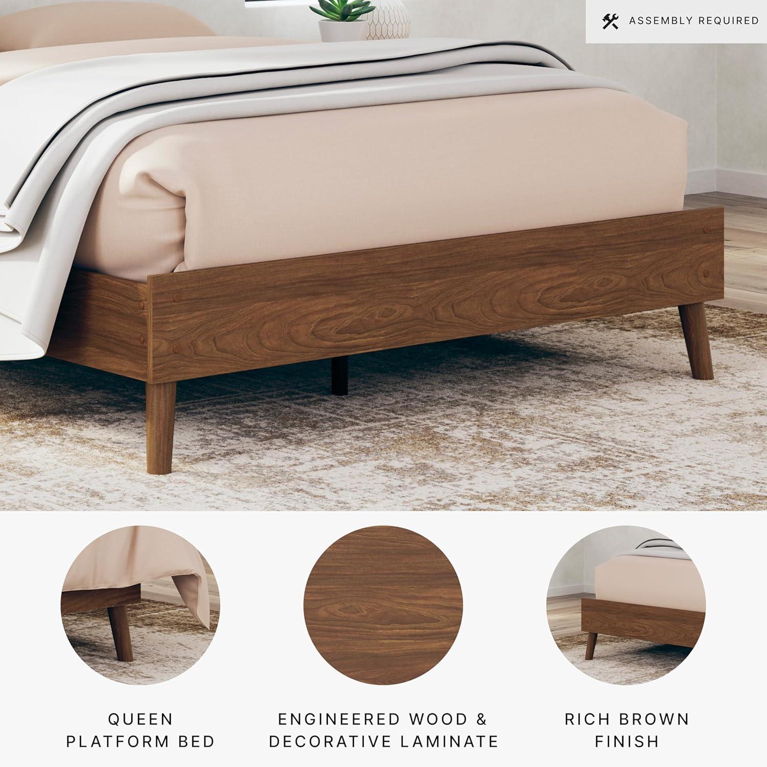 imageSignature Design by Ashley Cabinella Vintage Queen Platform Bed with Metal Slats and Center Support Legs Wood Foundation or Box Spring Not Needed Light BrownBrown