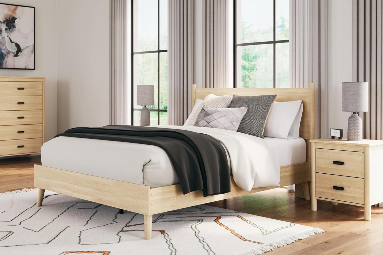 imageSignature Design by Ashley Cabinella Vintage Queen Platform Bed with Metal Slats and Center Support Legs Wood Foundation or Box Spring Not Needed Light BrownLight Brown