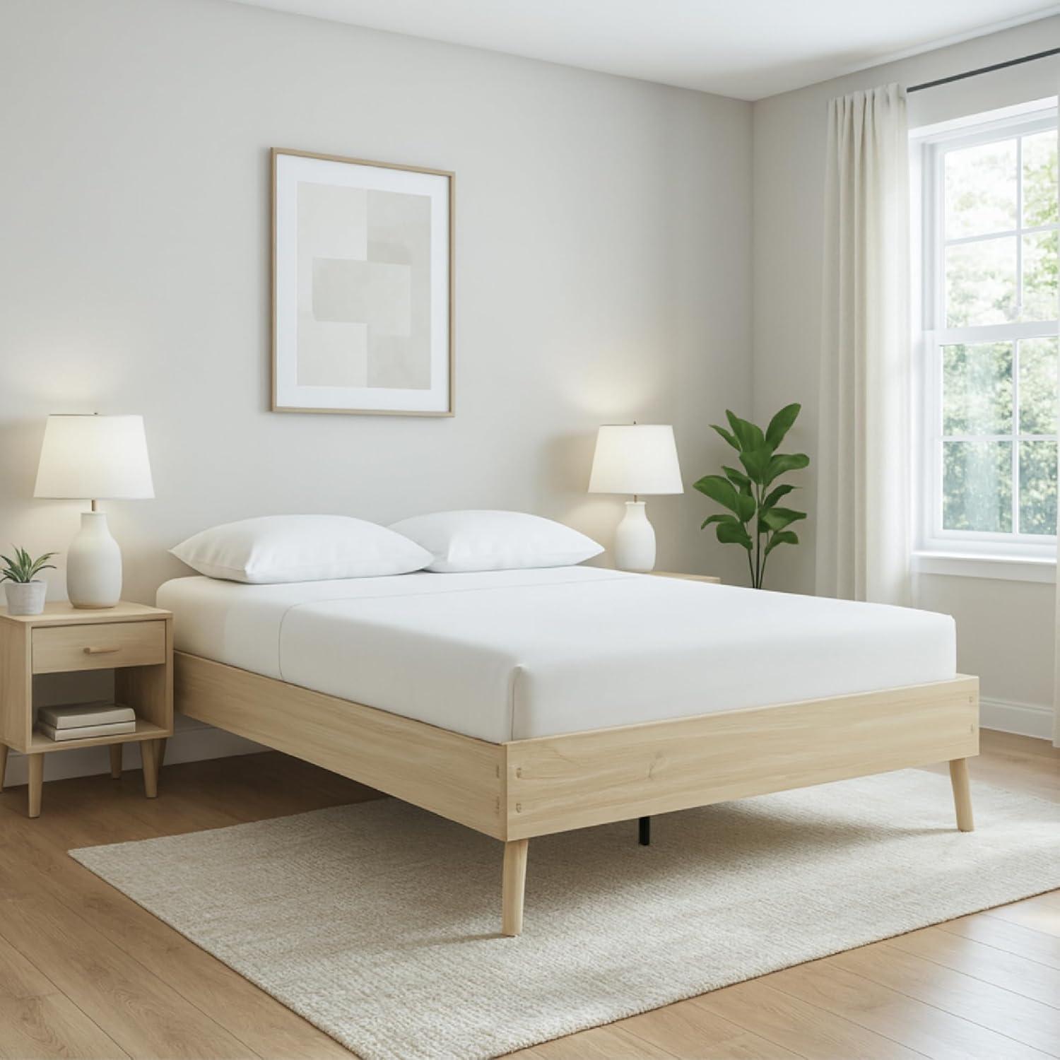 imageSignature Design by Ashley Cabinella Vintage Queen Platform Bed with Metal Slats and Center Support Legs Wood Foundation or Box Spring Not Needed Light BrownLight Brown