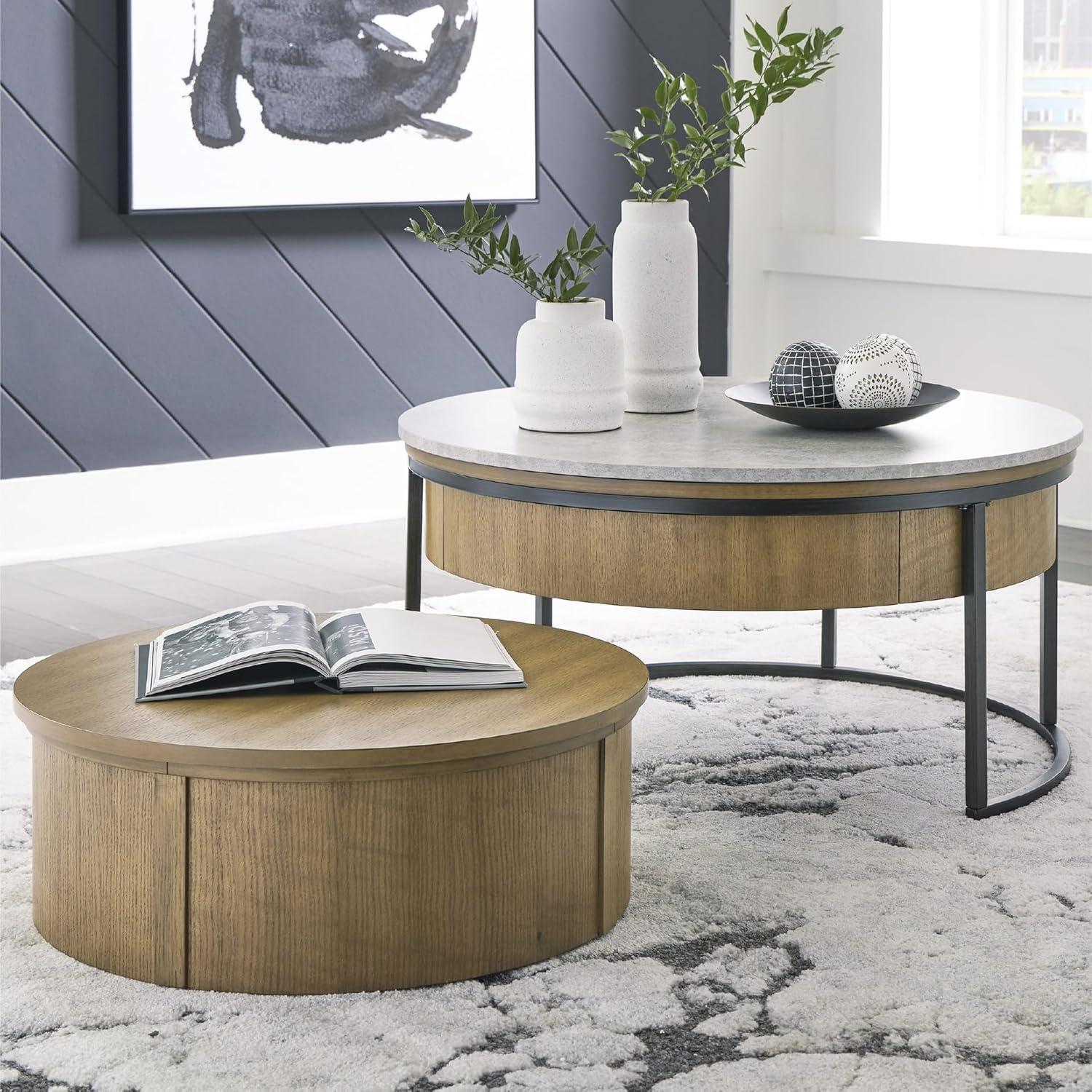 imageSignature Design by Ashley Fridley Contemporary Lift Top Flip Top Nesting Cocktail Tables with Hidden Compartment Set of 2 Light Brown ampamp Light GrayLight Brown Light Gray