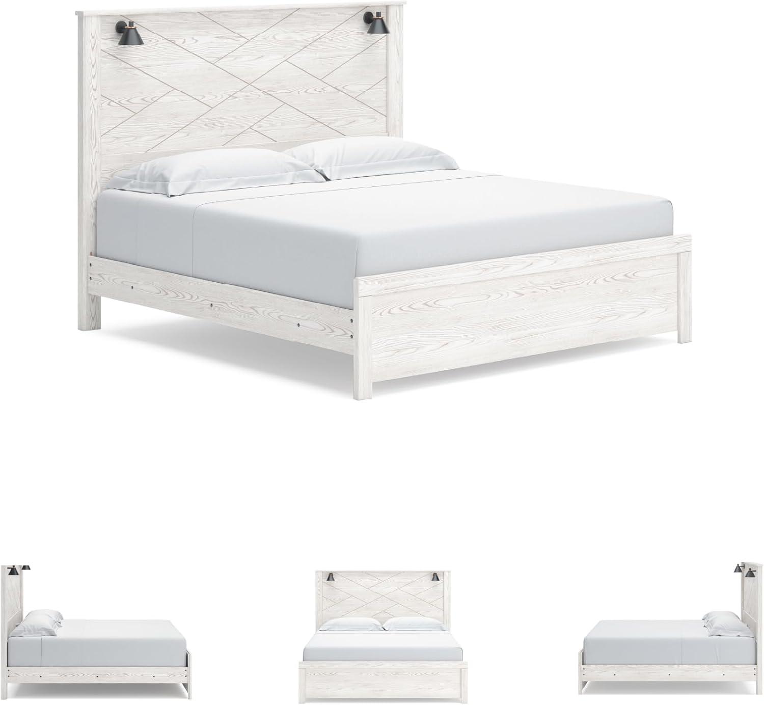imageSignature Design by Ashley Gerridan Casual King Panel Bed with Sconce Lights and Metal Slats Foundation or Box Spring Needed WhiteWhiteBlack