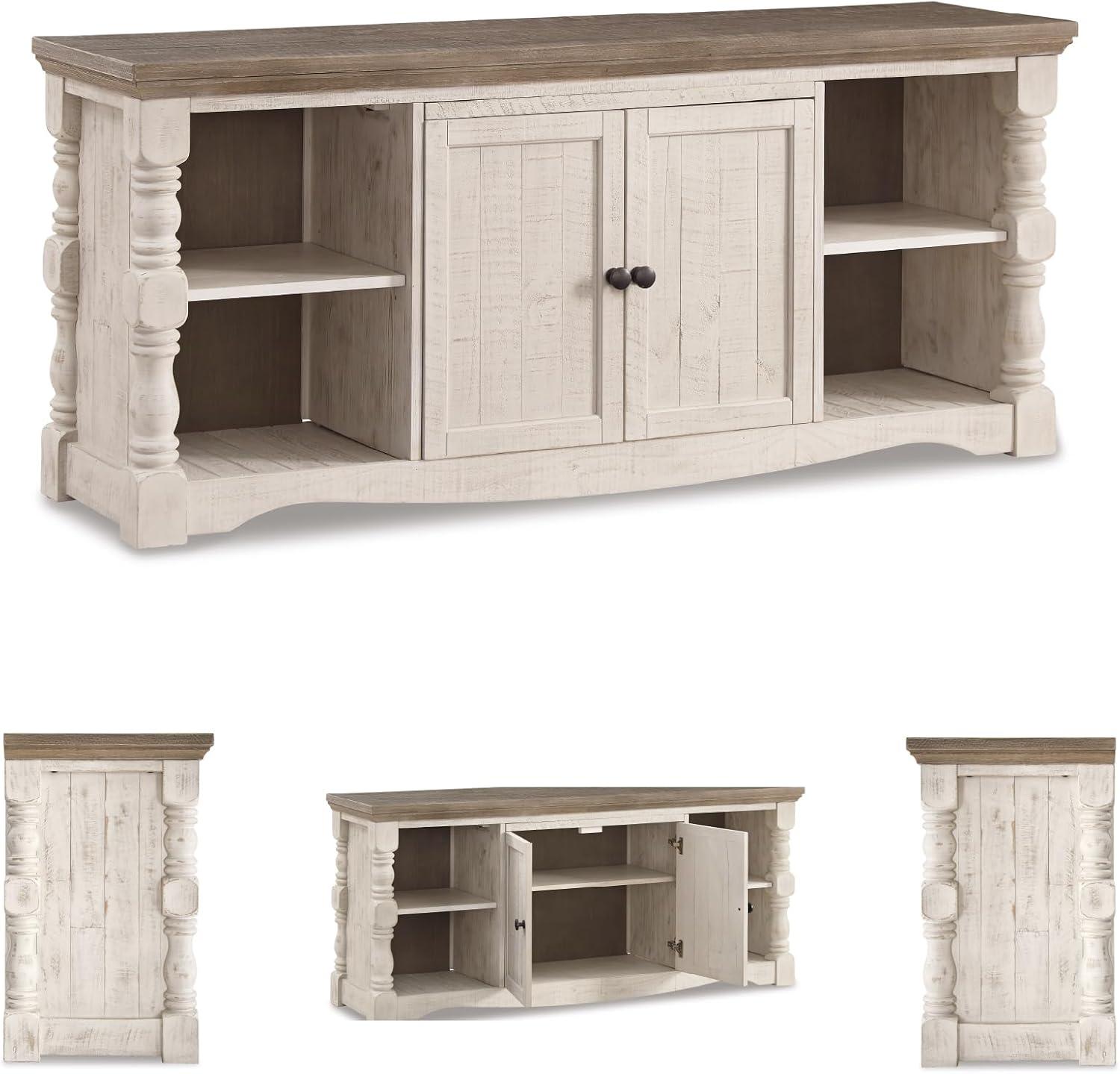 imageSignature Design by Ashley Havalance Farmhouse TV Stand Fits TVs up to 65quot 2 Door Cabinet and Shelves For Storage Vintage White ampamp Weathered GrayExtra Large with Shelving
