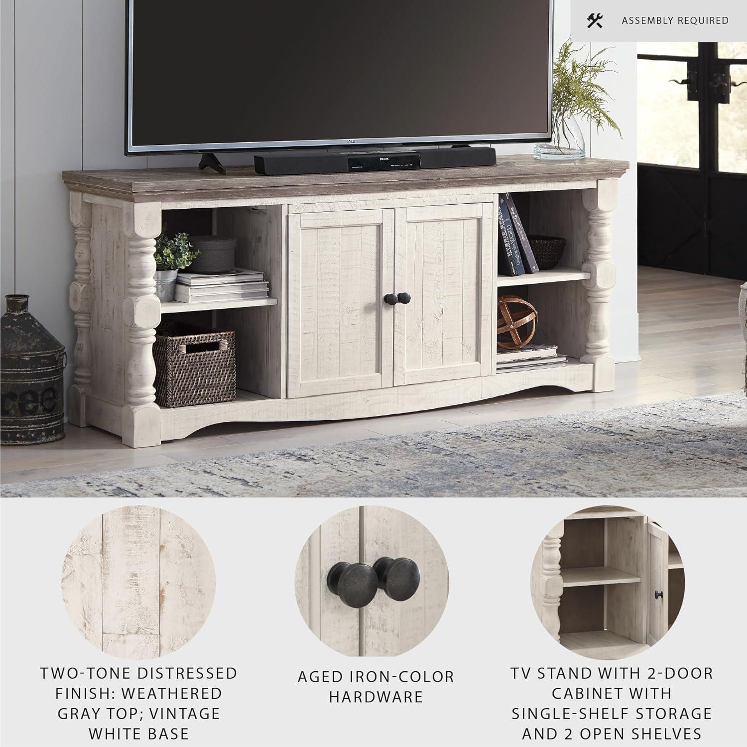 imageSignature Design by Ashley Havalance Farmhouse TV Stand Fits TVs up to 65quot 2 Door Cabinet and Shelves For Storage Vintage White ampamp Weathered GrayExtra Large with Shelving