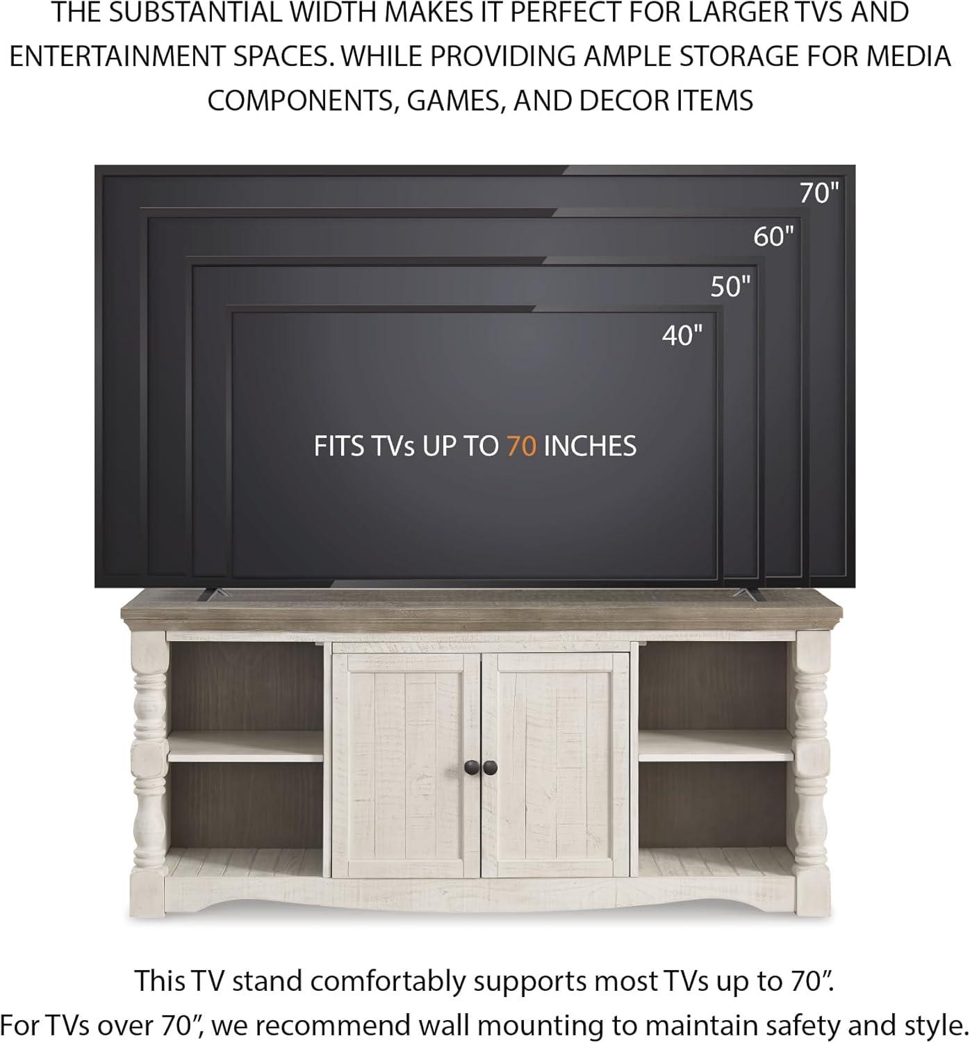 imageSignature Design by Ashley Havalance Farmhouse TV Stand Fits TVs up to 65quot 2 Door Cabinet and Shelves For Storage Vintage White ampamp Weathered GrayExtra Large with Shelving