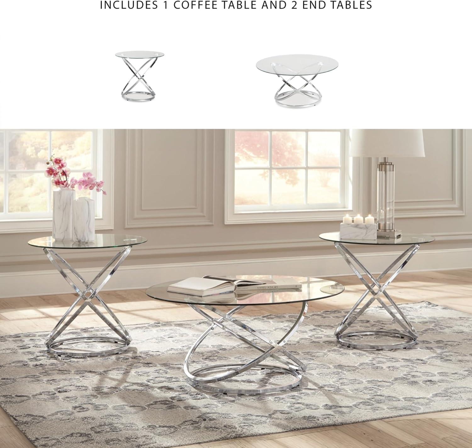 imageSignature Design by Ashley Hollynyx Contemporary Round 3Piece Occasional Table Set Includes Coffee Table and 2 End Tables Chrome