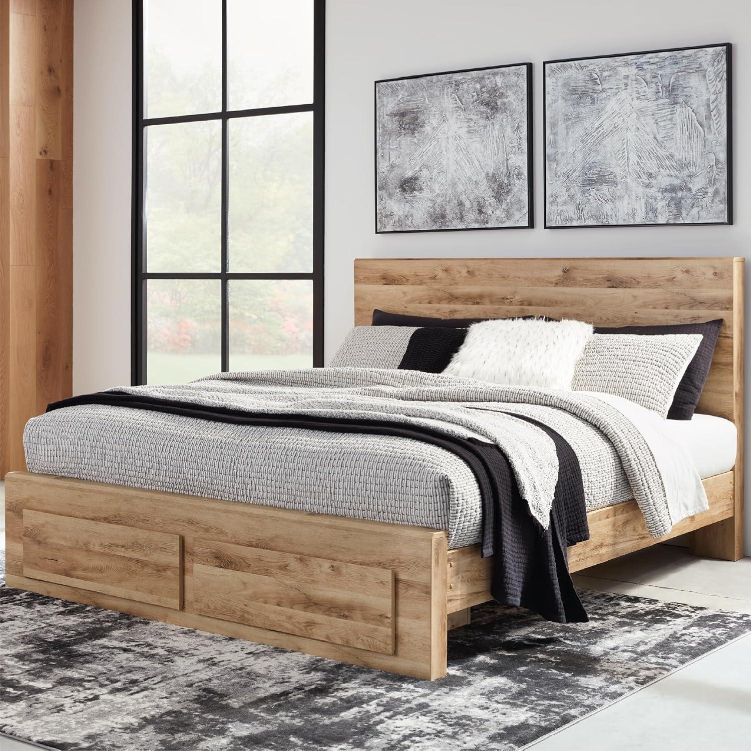 imageSignature Design by Ashley Hyanna Rustic Twin Panel Bed Foundation or Box Spring Needed Light BrownQueen