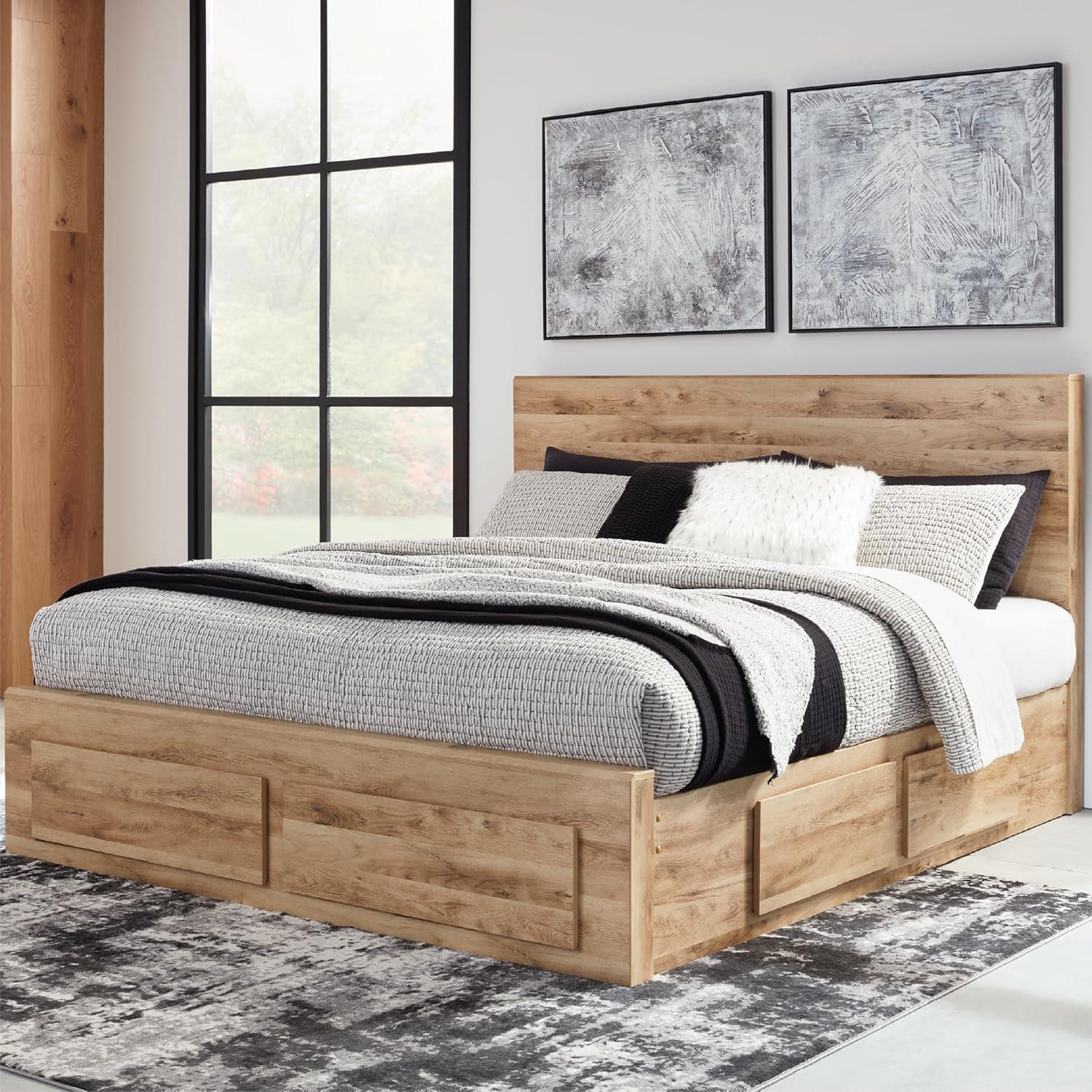 imageSignature Design by Ashley Hyanna Rustic Twin Panel Bed Foundation or Box Spring Needed Light BrownQueen