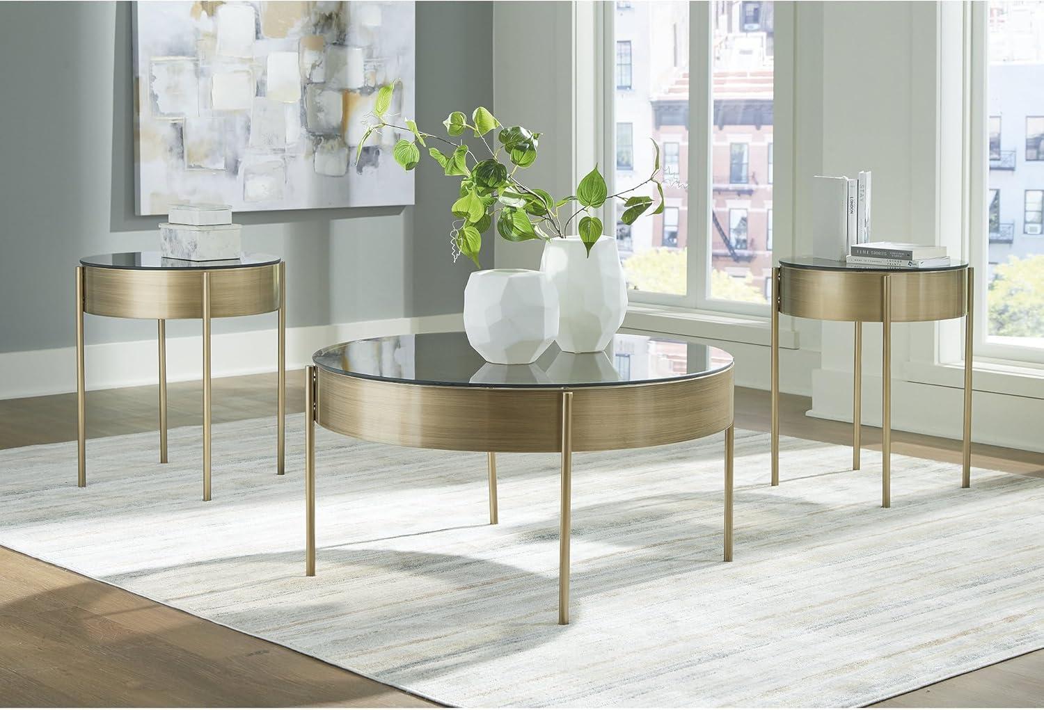 imageSignature Design by Ashley Jettaya Modern Tempered Glass Tabletop Table Set with 4 Legs Set of 3 Metallic