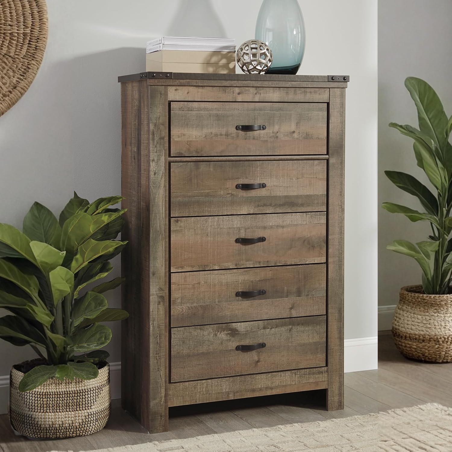 imageSignature Design by Ashley Juararo Rustic 5 Drawer Chest of Drawers Aged Dark BrownBrown Plank