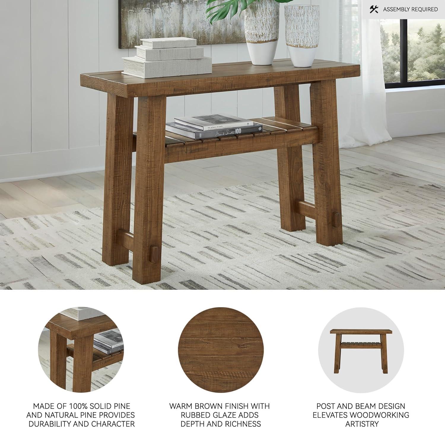 imageSignature Design by Ashley Mackifeld Farmhouse Distressed Sofa Table with Slatted Shelf Post and Beam Construction Light Brown