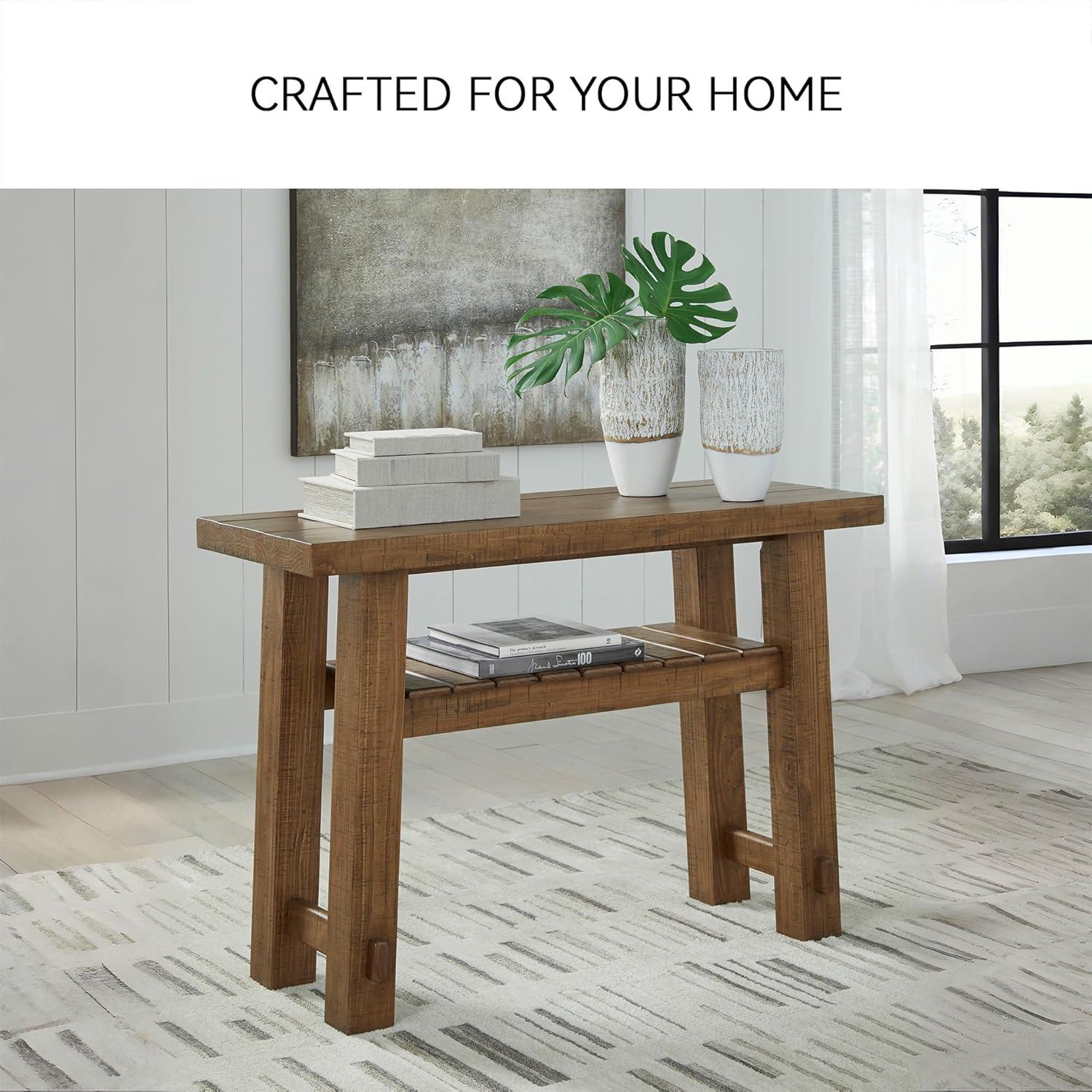 imageSignature Design by Ashley Mackifeld Farmhouse Distressed Sofa Table with Slatted Shelf Post and Beam Construction Light Brown