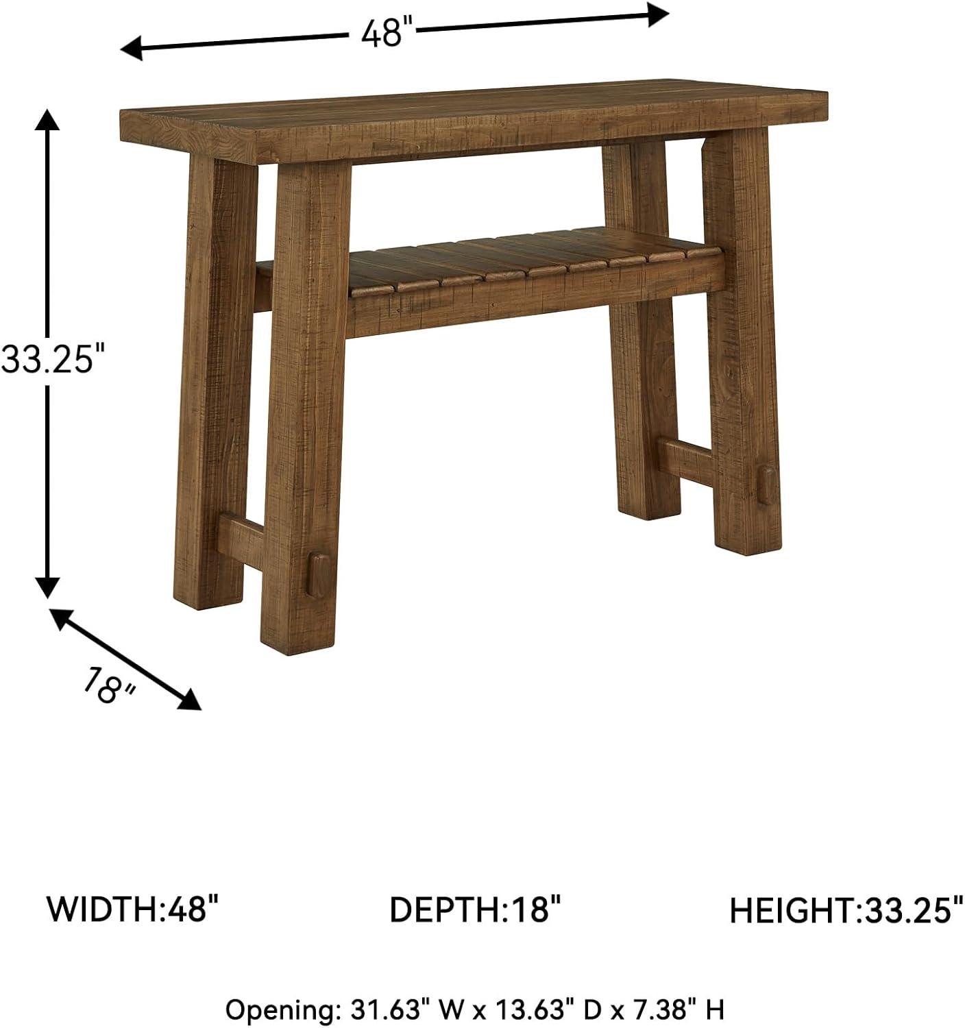 imageSignature Design by Ashley Mackifeld Farmhouse Distressed Sofa Table with Slatted Shelf Post and Beam Construction Light Brown