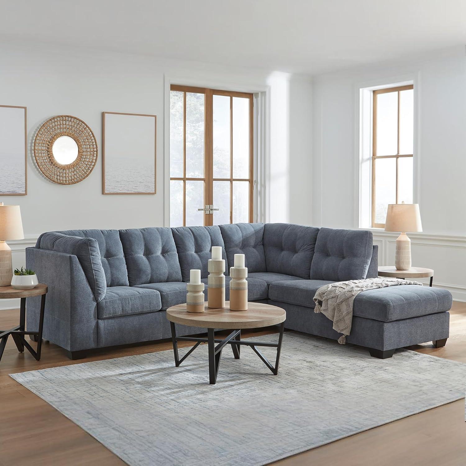 imageSignature Design by Ashley Marleton Contemporary RightArm Facing Tufted 2Piece Sleeper Sectional with Chaise Loose Seat Cushions and BiFold Memory Foam Mattress Full BlueBlue