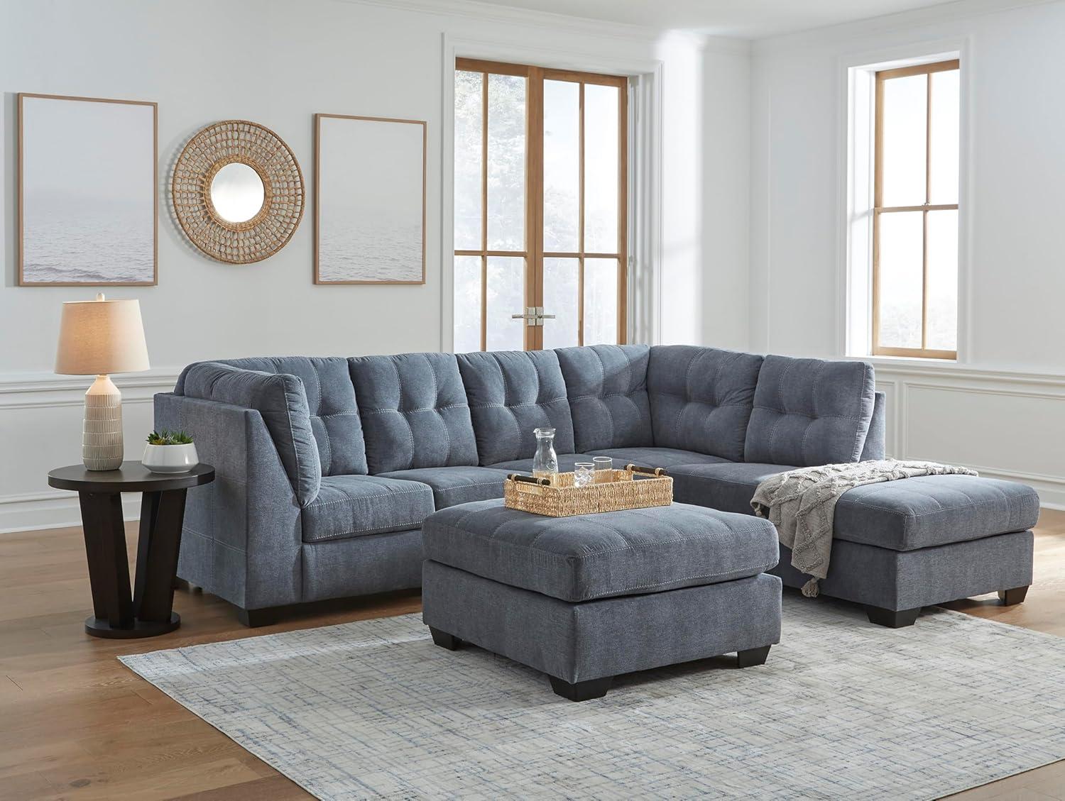 imageSignature Design by Ashley Marleton Contemporary RightArm Facing Tufted 2Piece Sleeper Sectional with Chaise Loose Seat Cushions and BiFold Memory Foam Mattress Full BlueBlue