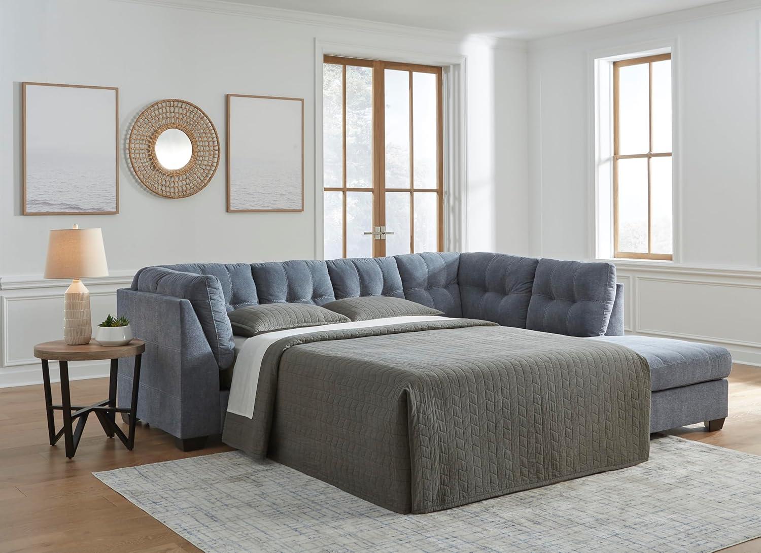imageSignature Design by Ashley Marleton Contemporary RightArm Facing Tufted 2Piece Sleeper Sectional with Chaise Loose Seat Cushions and BiFold Memory Foam Mattress Full BlueBlue