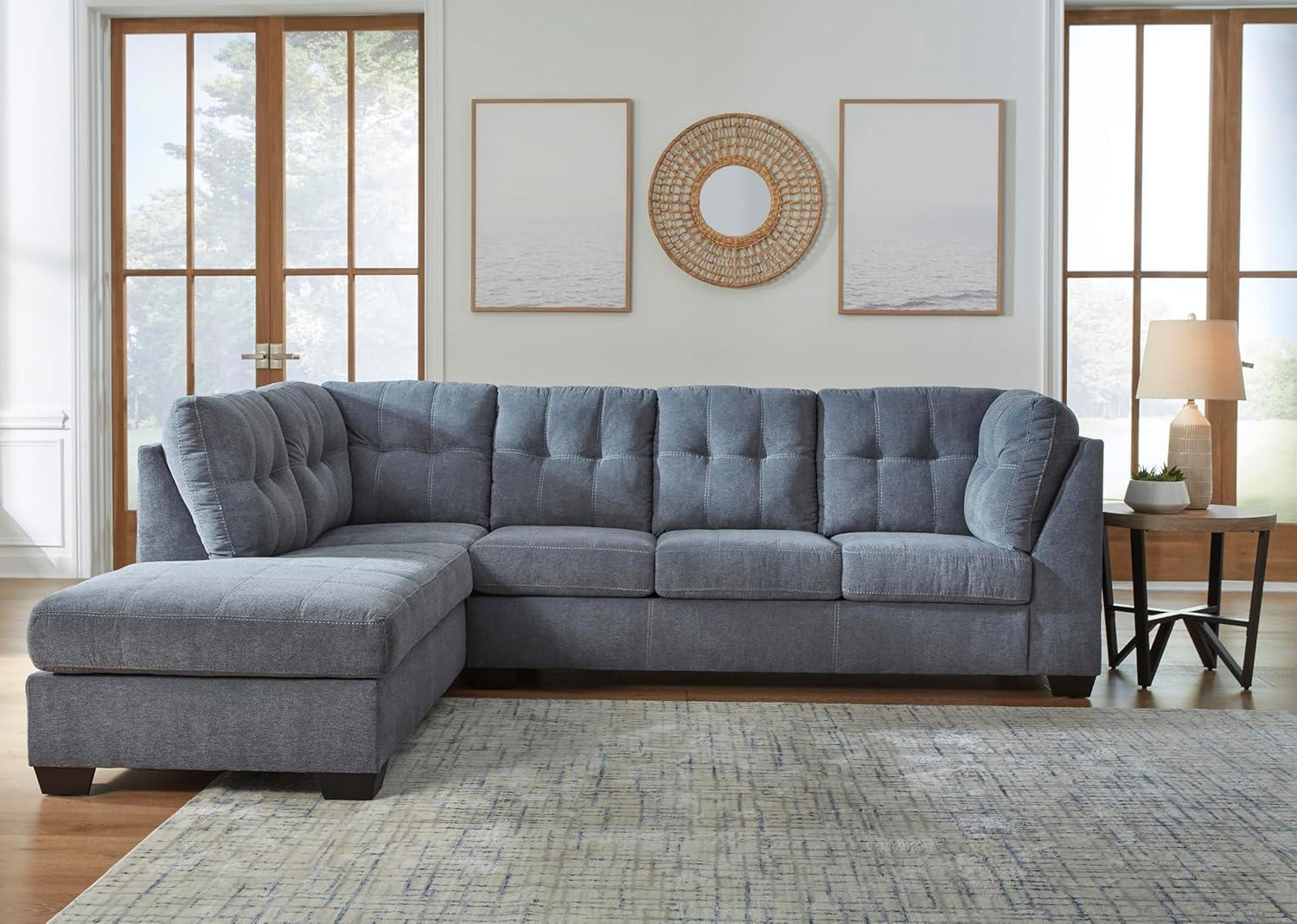 imageSignature Design by Ashley Marleton Contemporary RightArm Facing Tufted 2Piece Sleeper Sectional with Chaise Loose Seat Cushions and BiFold Memory Foam Mattress Full BlueBlue