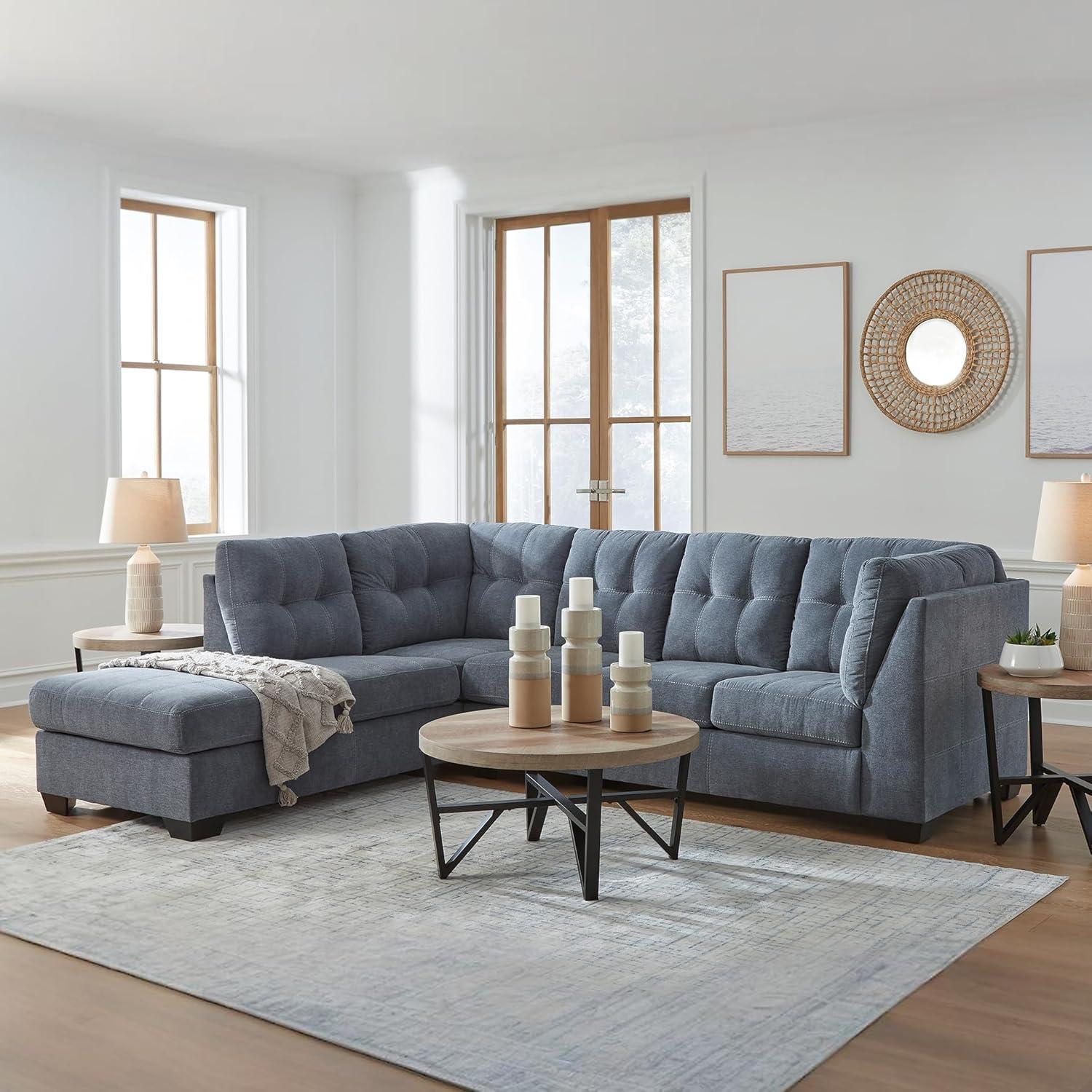 imageSignature Design by Ashley Marleton Contemporary RightArm Facing Tufted 2Piece Sleeper Sectional with Chaise Loose Seat Cushions and BiFold Memory Foam Mattress Full BlueBlue