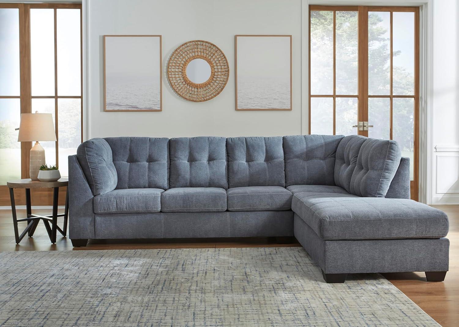 imageSignature Design by Ashley Marleton Contemporary RightArm Facing Tufted 2Piece Sleeper Sectional with Chaise Loose Seat Cushions and BiFold Memory Foam Mattress Full BlueBlue