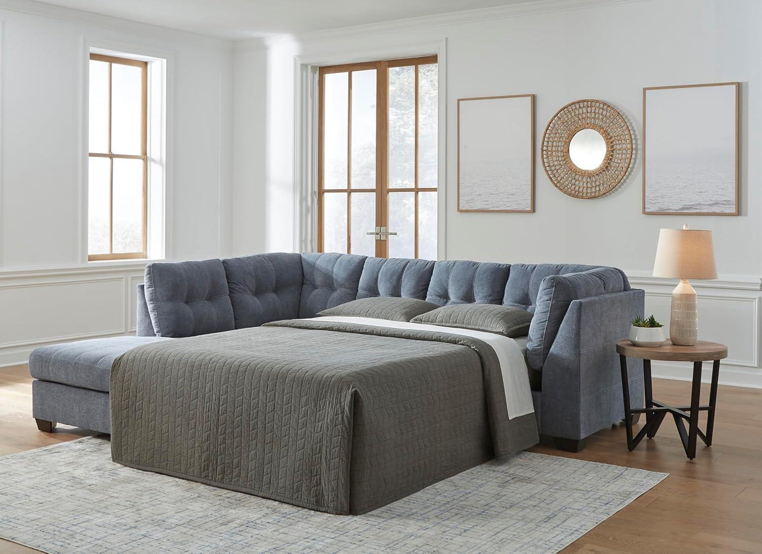 imageSignature Design by Ashley Marleton Contemporary RightArm Facing Tufted 2Piece Sleeper Sectional with Chaise Loose Seat Cushions and BiFold Memory Foam Mattress Full BlueBlue