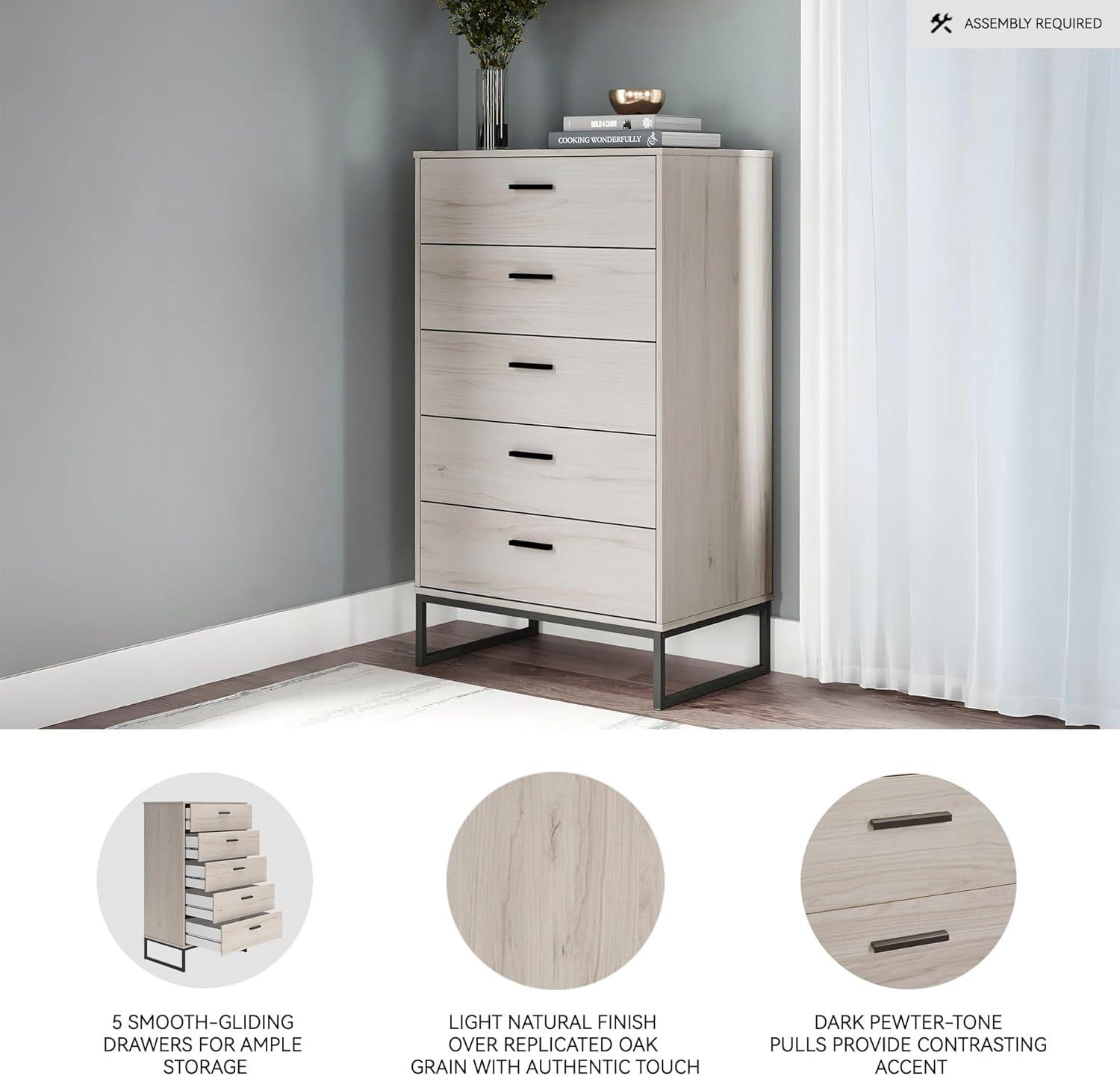 imageSignature Design by Ashley Neilsville Industrial 5 Drawer Chest of Drawers with SmoothGliding Drawers and Safety Stop GrayBeige