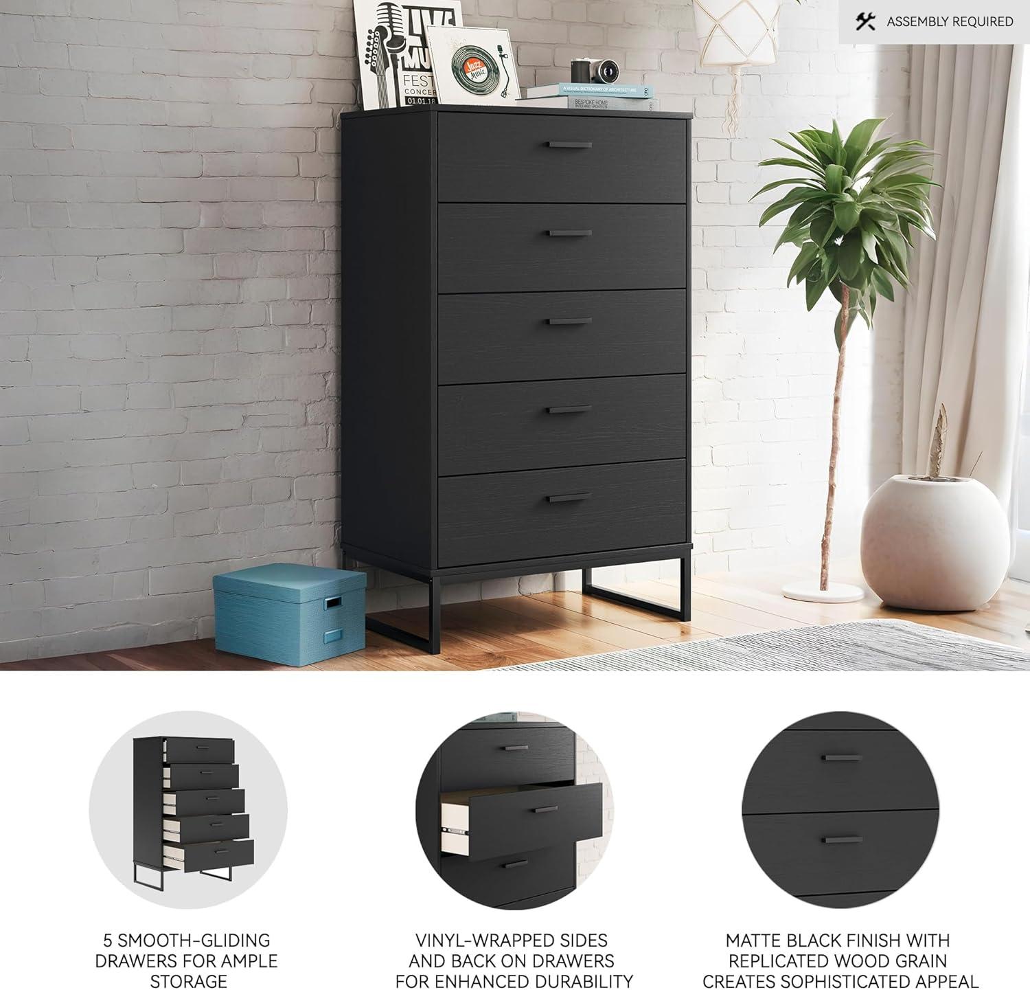 imageSignature Design by Ashley Neilsville Industrial 5 Drawer Chest of Drawers with SmoothGliding Drawers and Safety Stop GrayBlack