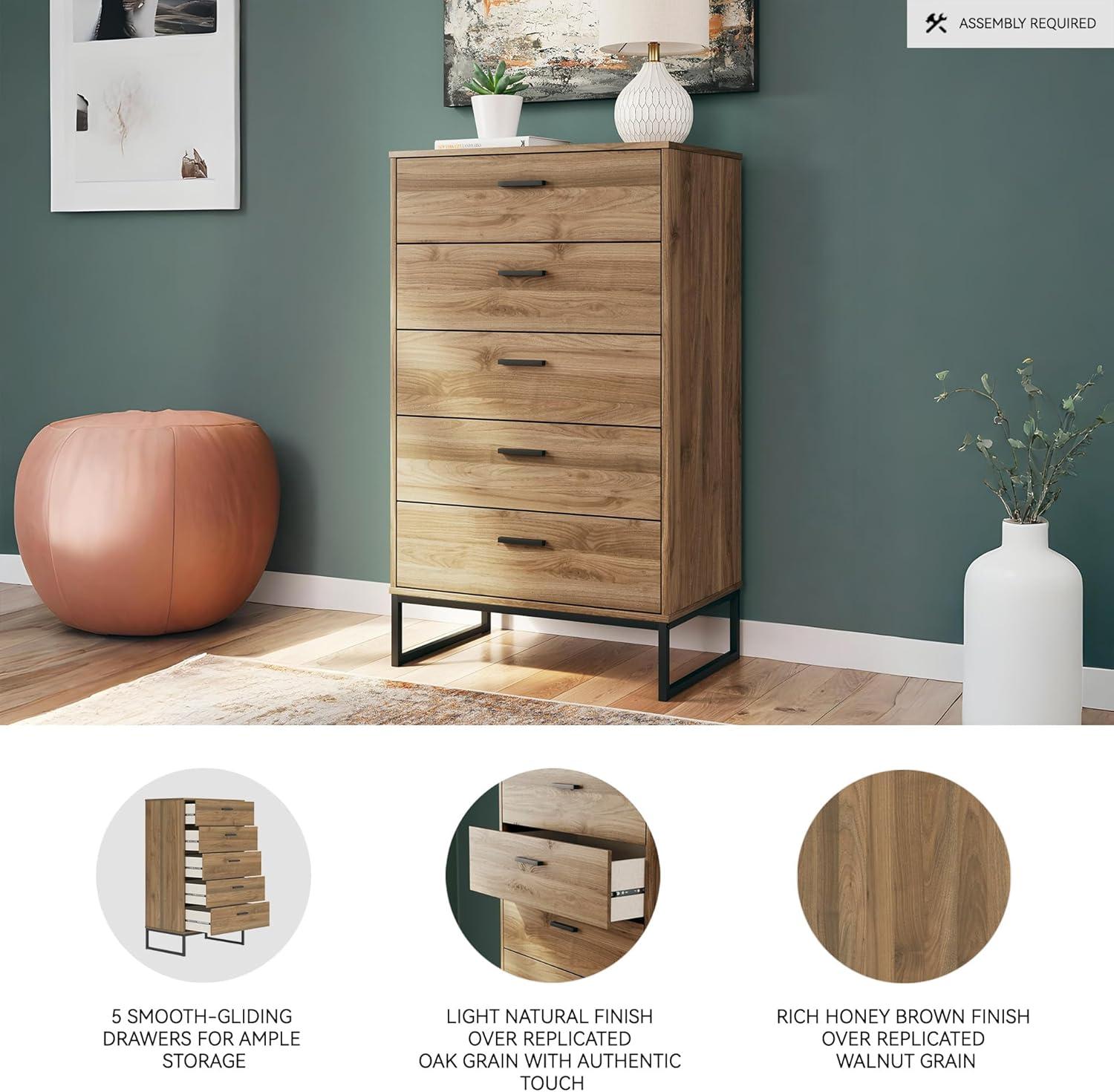 imageSignature Design by Ashley Neilsville Industrial 5 Drawer Chest of Drawers with SmoothGliding Drawers and Safety Stop GrayHoney Brown