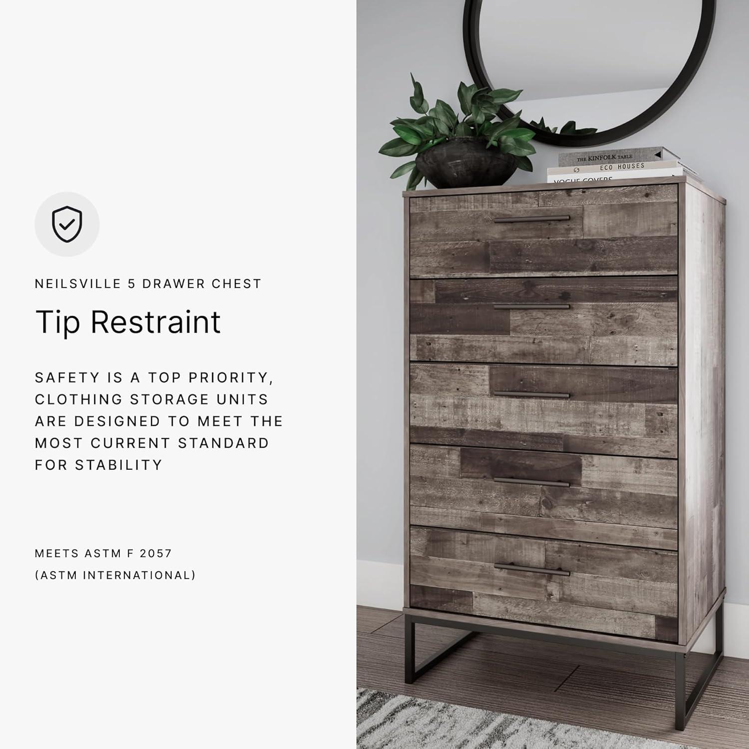 imageSignature Design by Ashley Neilsville Industrial 5 Drawer Chest of Drawers with SmoothGliding Drawers and Safety Stop GrayWhitewash