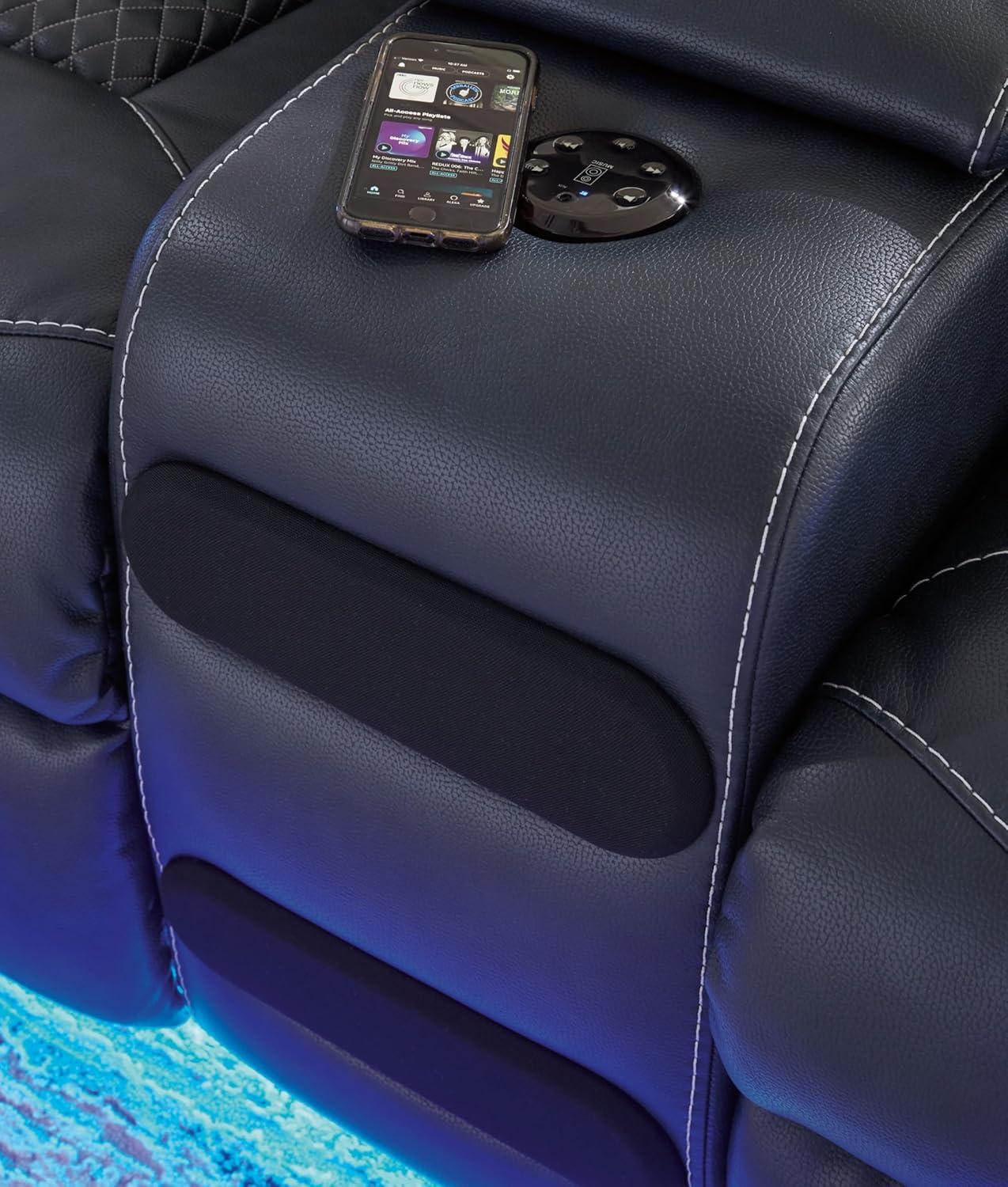 imageSignature Design by Ashley NextGen DuraPella Power Reclining Sofa Wireless ampamp USB Charging ZeroGravity Adjustable Headrest WaterRepellent Faux Leather DropDown Table BeigeBrown 86Navy