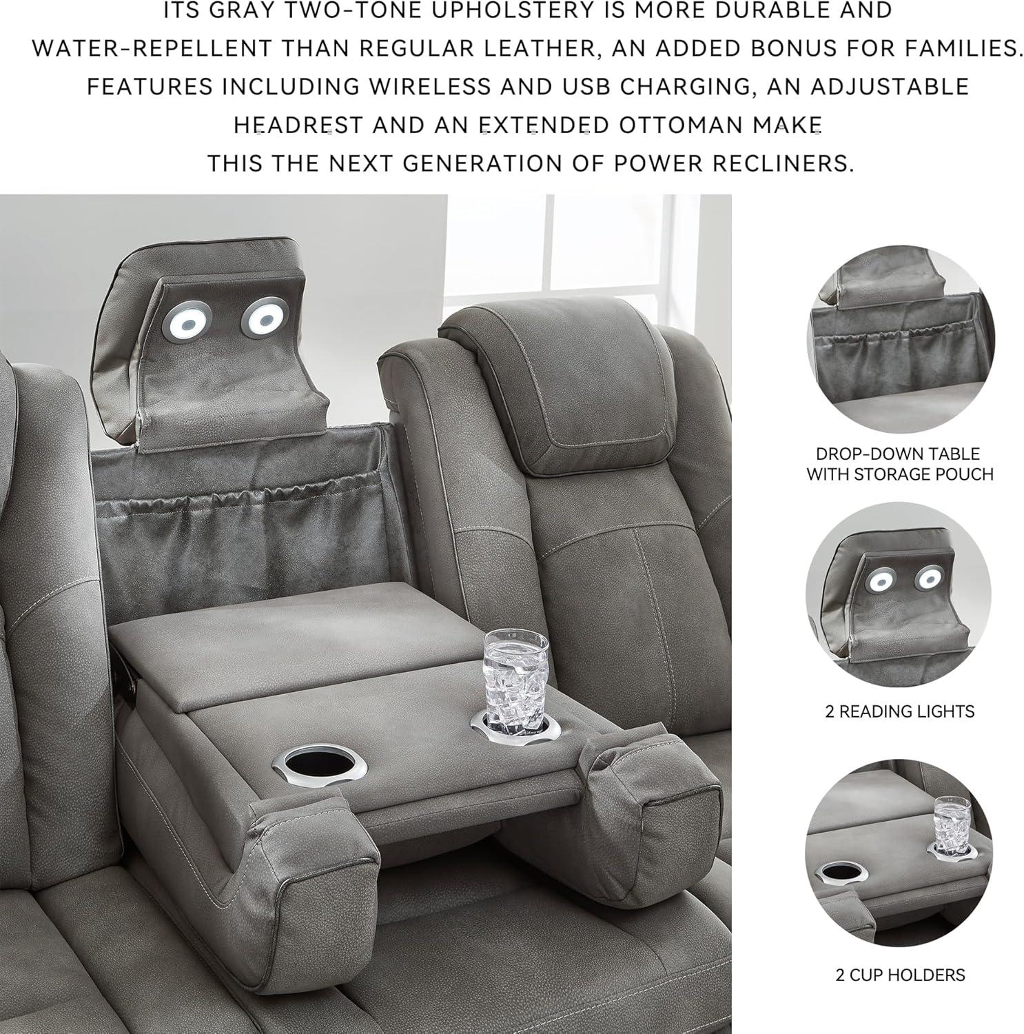 imageSignature Design by Ashley NextGen DuraPella Power Reclining Sofa Wireless ampamp USB Charging ZeroGravity Adjustable Headrest WaterRepellent Faux Leather DropDown Table BeigeBrown 86Grey