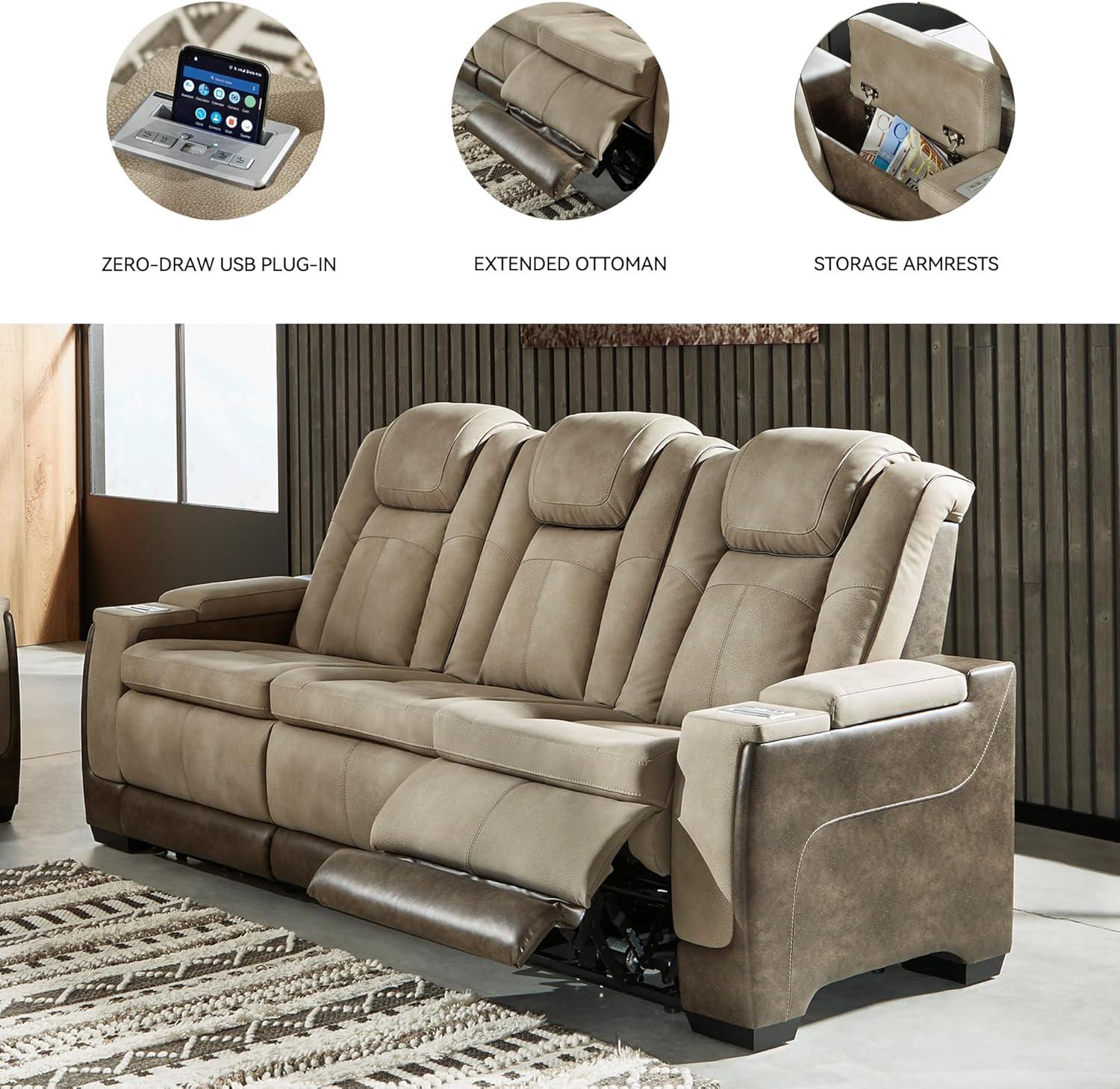 imageSignature Design by Ashley NextGen DuraPella Power Reclining Sofa Wireless ampamp USB Charging ZeroGravity Adjustable Headrest WaterRepellent Faux Leather DropDown Table BeigeBrown 86Beige