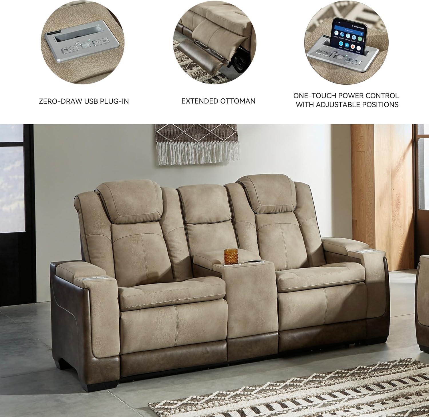 imageSignature Design by Ashley NextGen DuraPella Power Reclining Sofa Wireless ampamp USB Charging ZeroGravity Adjustable Headrest WaterRepellent Faux Leather DropDown Table BeigeBrown 86Beige