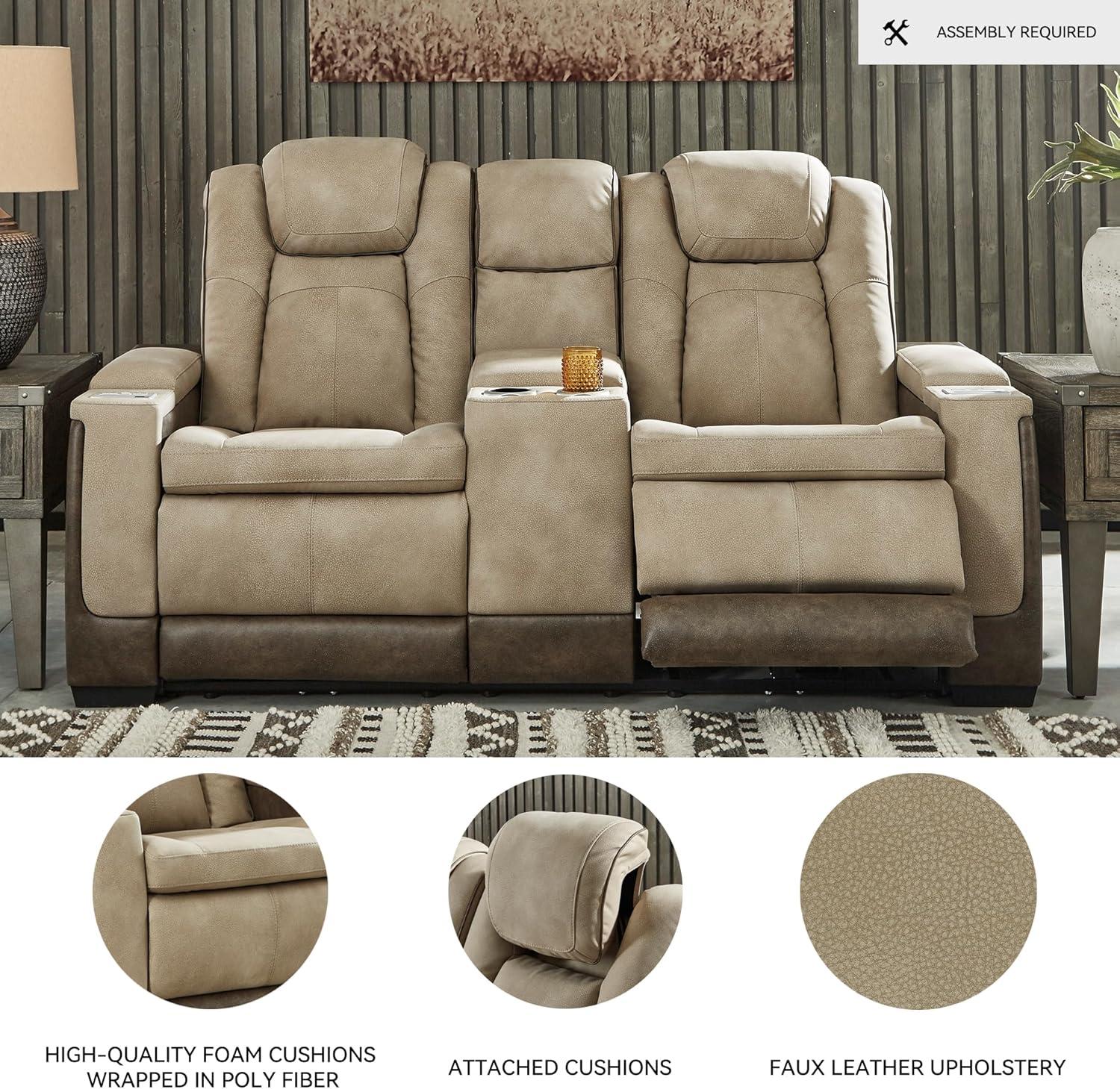 imageSignature Design by Ashley NextGen DuraPella Power Reclining Sofa Wireless ampamp USB Charging ZeroGravity Adjustable Headrest WaterRepellent Faux Leather DropDown Table BeigeBrown 86Beige