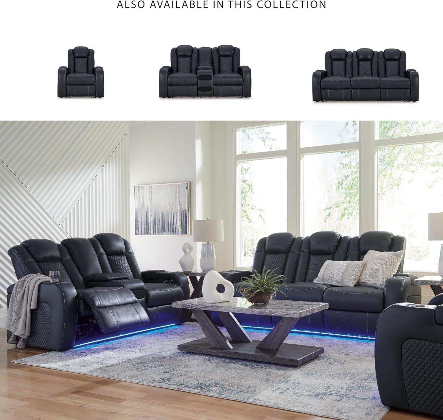 imageSignature Design by Ashley NextGen DuraPella Power Reclining Sofa Wireless ampamp USB Charging ZeroGravity Adjustable Headrest WaterRepellent Faux Leather DropDown Table BeigeBrown 86Navy