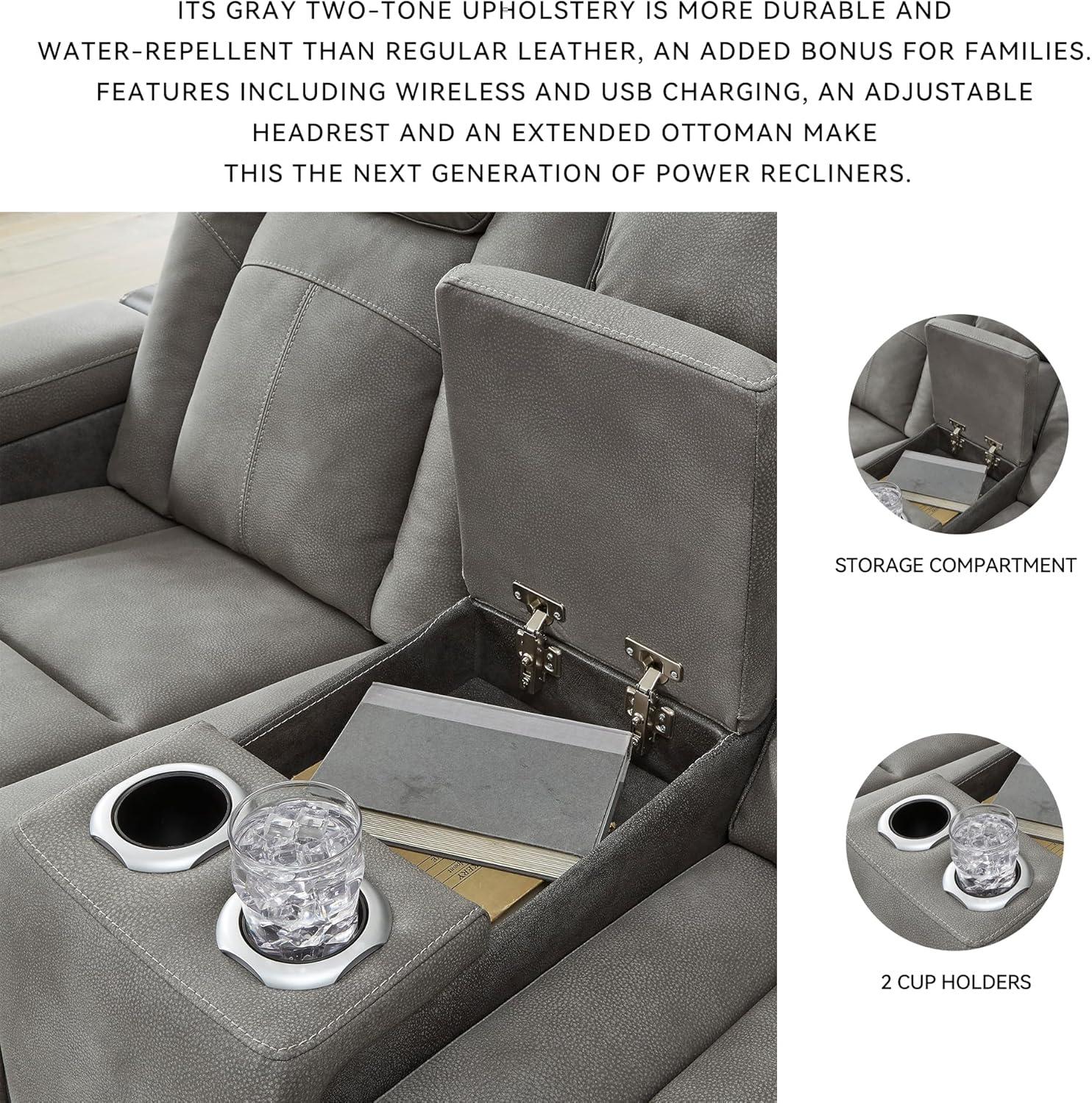 imageSignature Design by Ashley NextGen DuraPella Power Reclining Sofa Wireless ampamp USB Charging ZeroGravity Adjustable Headrest WaterRepellent Faux Leather DropDown Table BeigeBrown 86Grey