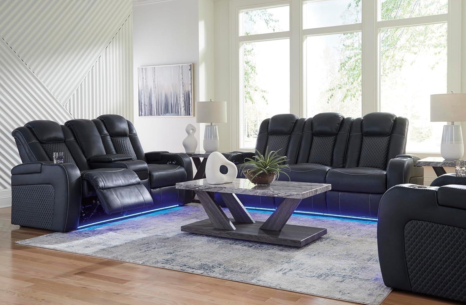 imageSignature Design by Ashley NextGen DuraPella Power Reclining Sofa Wireless ampamp USB Charging ZeroGravity Adjustable Headrest WaterRepellent Faux Leather DropDown Table BeigeBrown 86Navy
