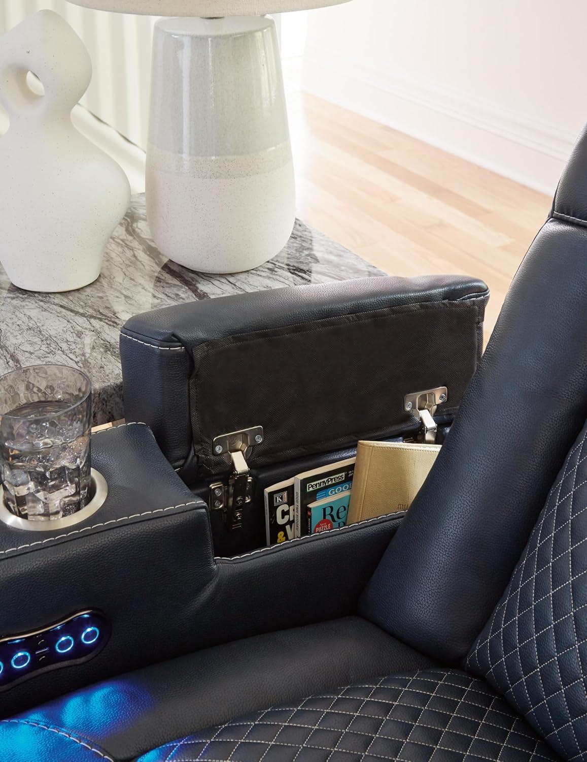 imageSignature Design by Ashley NextGen DuraPella Power Reclining Sofa Wireless ampamp USB Charging ZeroGravity Adjustable Headrest WaterRepellent Faux Leather DropDown Table BeigeBrown 86Navy