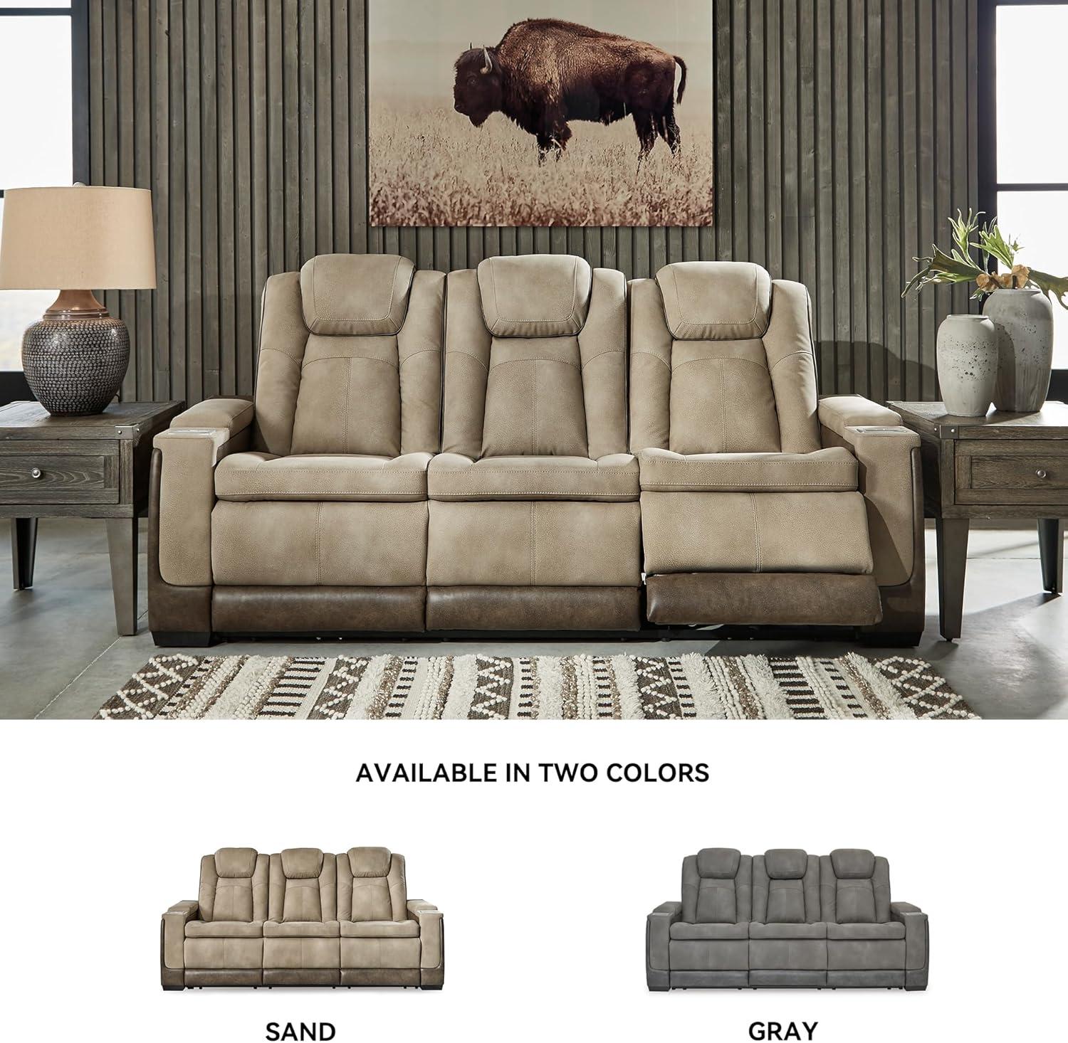 imageSignature Design by Ashley NextGen DuraPella Power Reclining Sofa Wireless ampamp USB Charging ZeroGravity Adjustable Headrest WaterRepellent Faux Leather DropDown Table BeigeBrown 86Beige