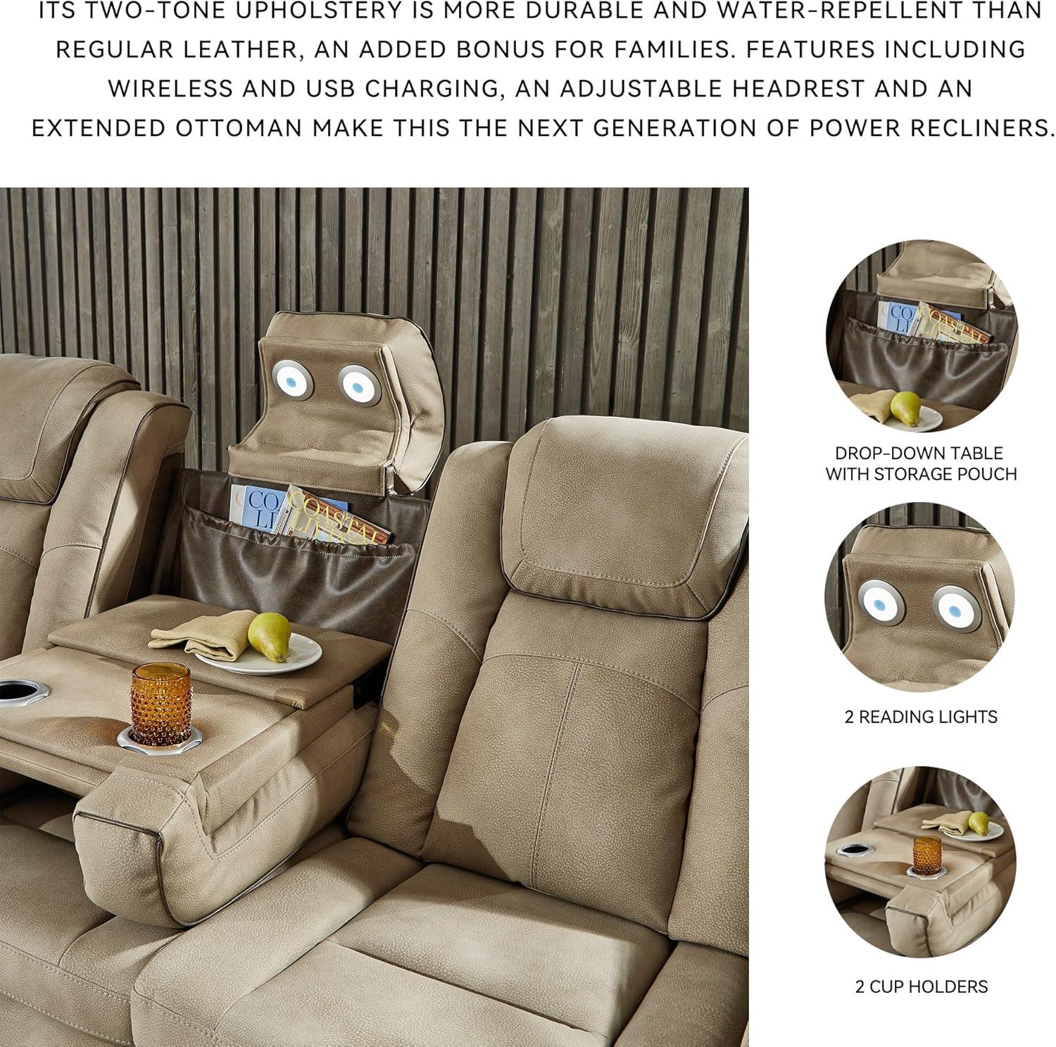 imageSignature Design by Ashley NextGen DuraPella Power Reclining Sofa Wireless ampamp USB Charging ZeroGravity Adjustable Headrest WaterRepellent Faux Leather DropDown Table BeigeBrown 86Beige