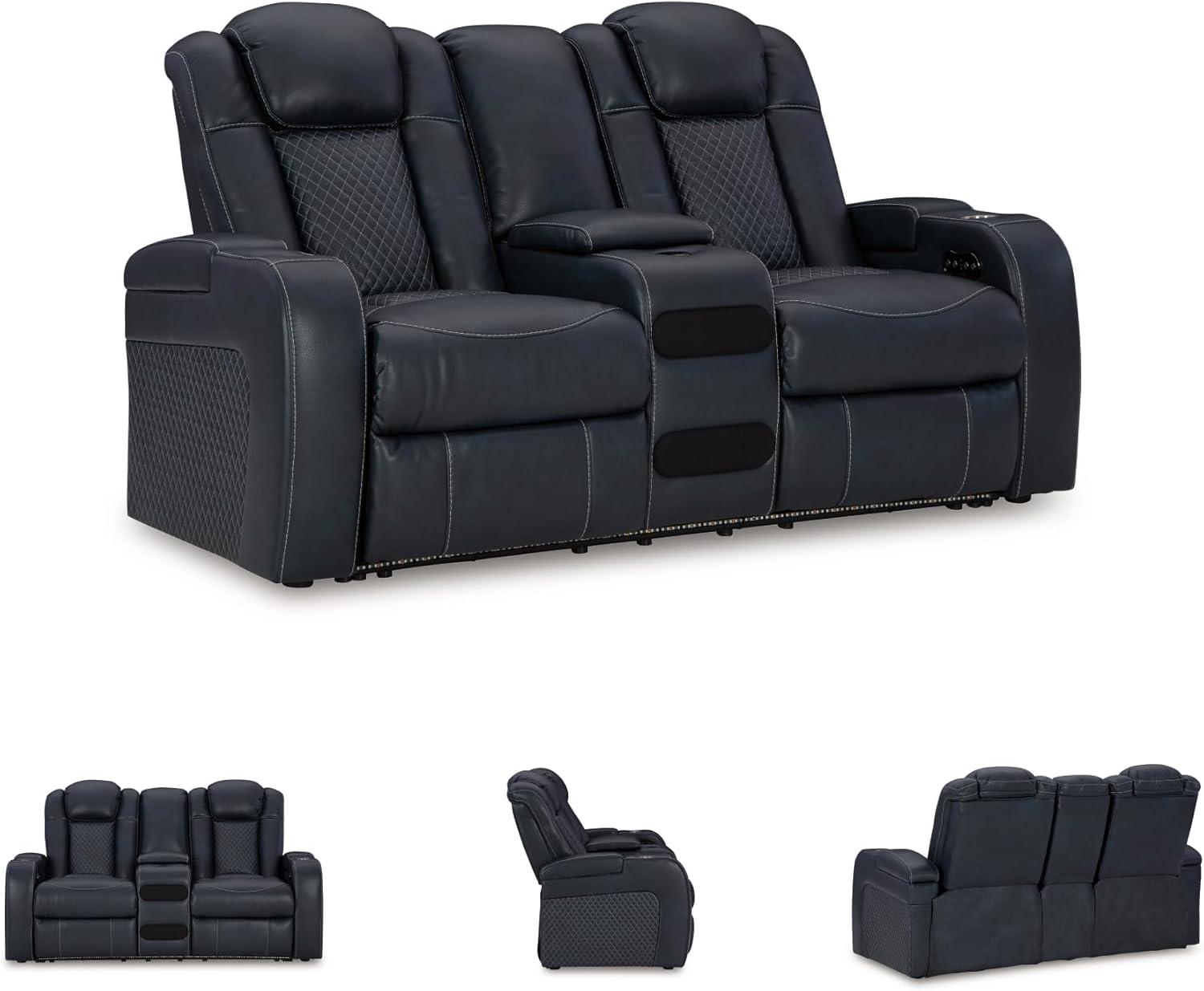 imageSignature Design by Ashley NextGen DuraPella Power Reclining Sofa Wireless ampamp USB Charging ZeroGravity Adjustable Headrest WaterRepellent Faux Leather DropDown Table BeigeBrown 86Navy