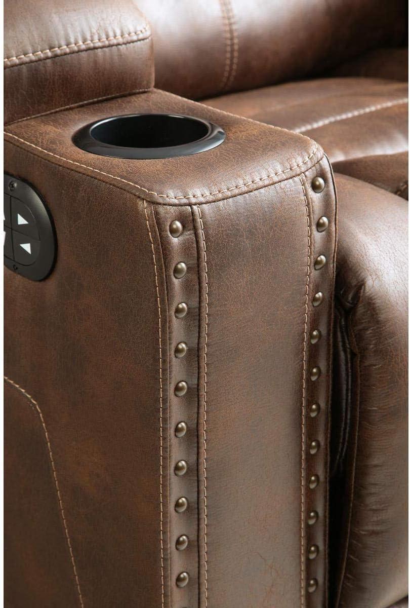 imageSignature Design by Ashley NextGen DuraPella Power Reclining Sofa Wireless ampamp USB Charging ZeroGravity Adjustable Headrest WaterRepellent Faux Leather DropDown Table BeigeBrown 86Brown