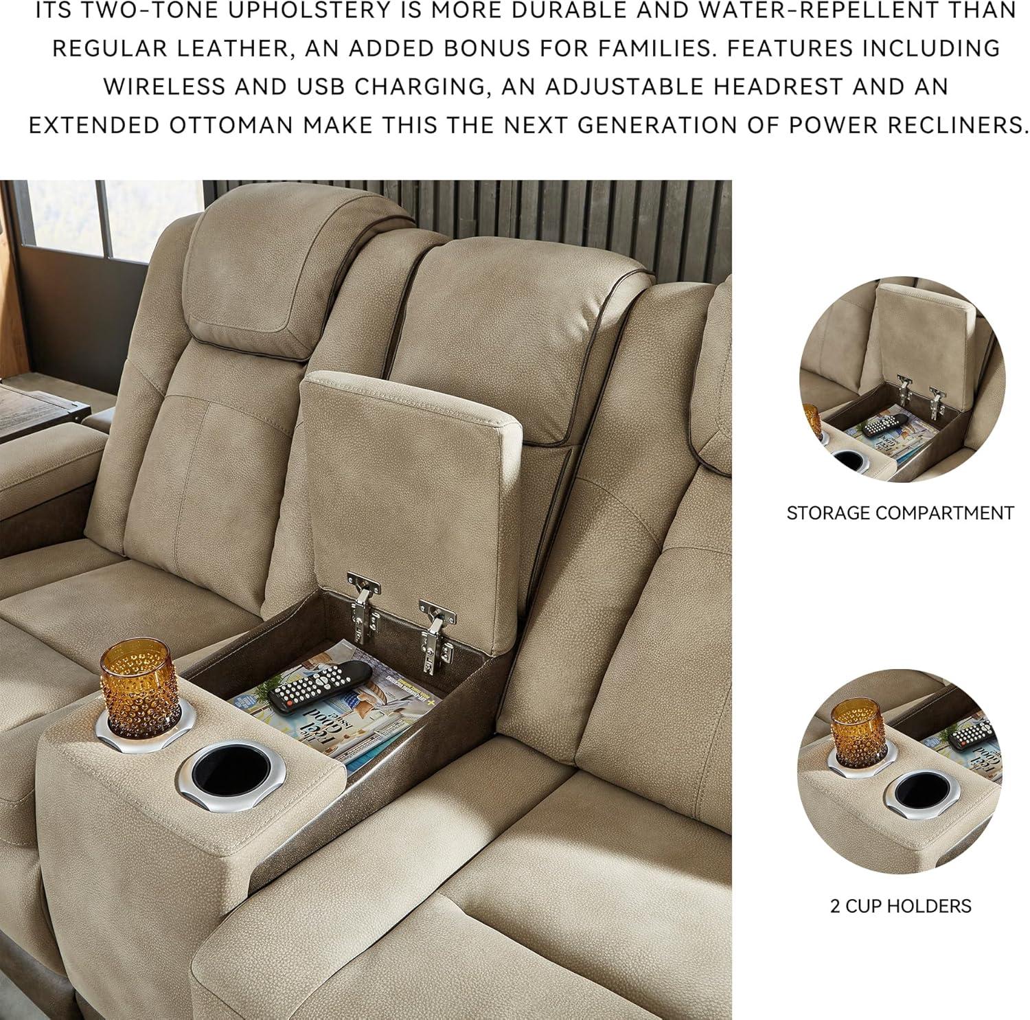 imageSignature Design by Ashley NextGen DuraPella Power Reclining Sofa Wireless ampamp USB Charging ZeroGravity Adjustable Headrest WaterRepellent Faux Leather DropDown Table BeigeBrown 86Beige