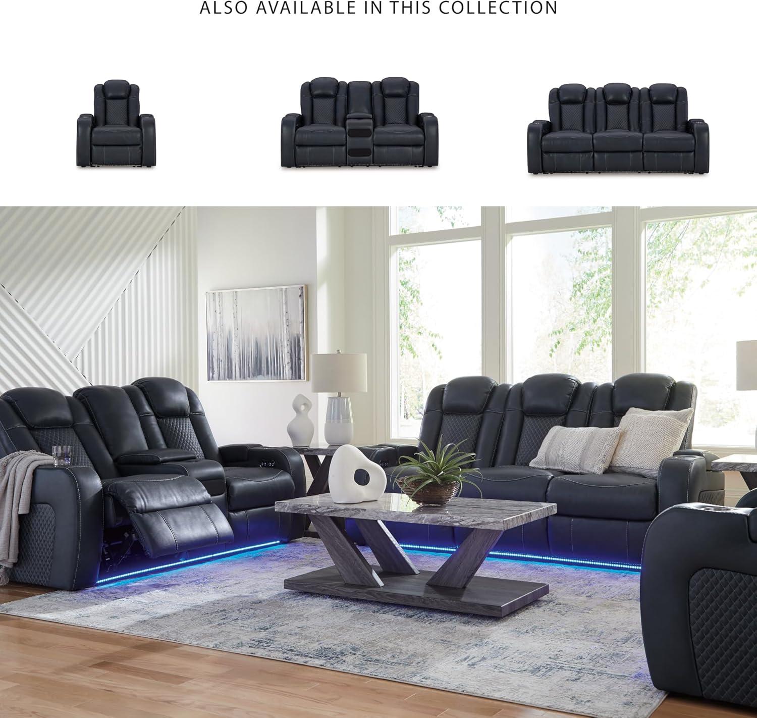imageSignature Design by Ashley NextGen DuraPella Power Reclining Sofa Wireless ampamp USB Charging ZeroGravity Adjustable Headrest WaterRepellent Faux Leather DropDown Table BeigeBrown 86Navy